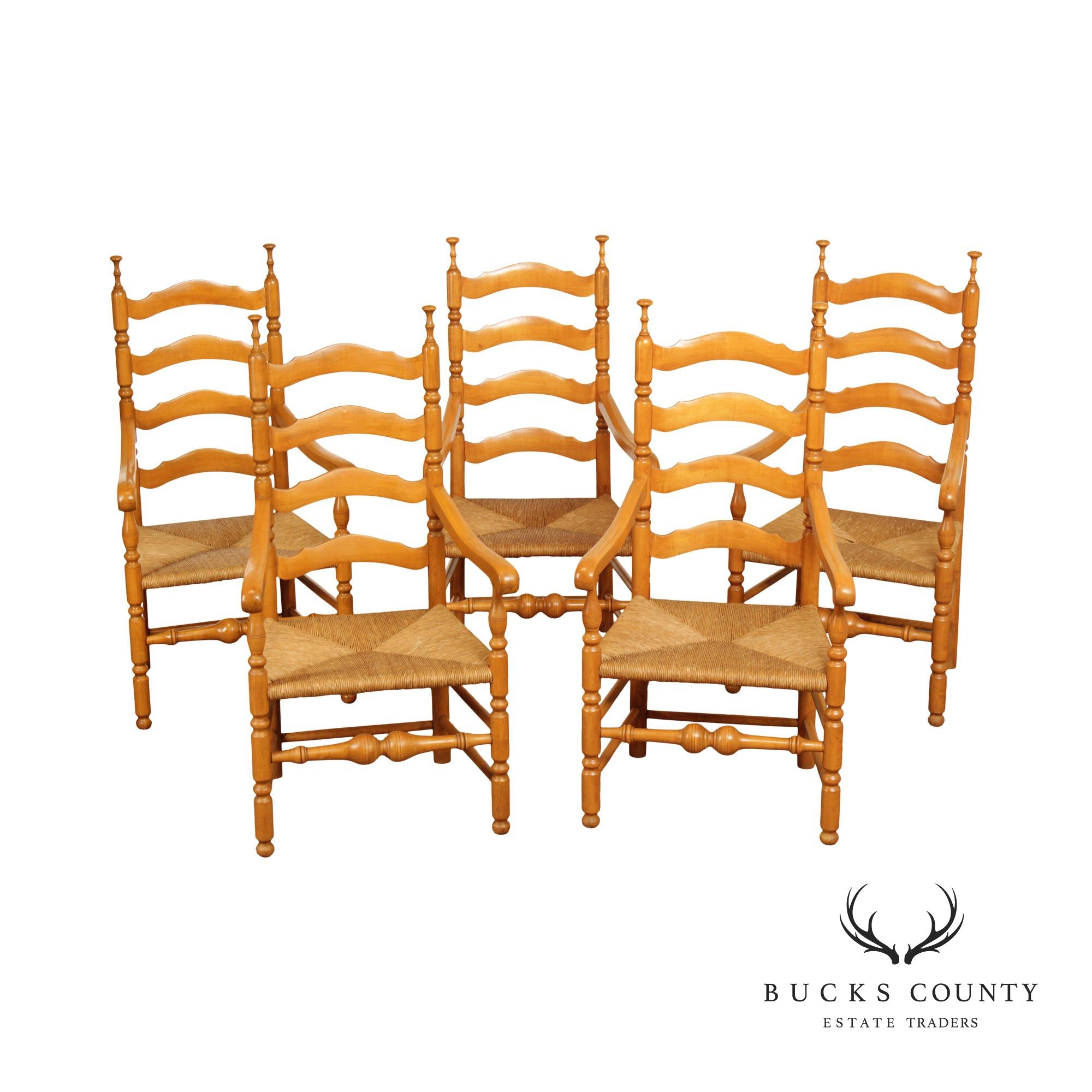 Custom Crafted Set of Five Delaware Valley Ladderback Rush Seat Dining Armchairs