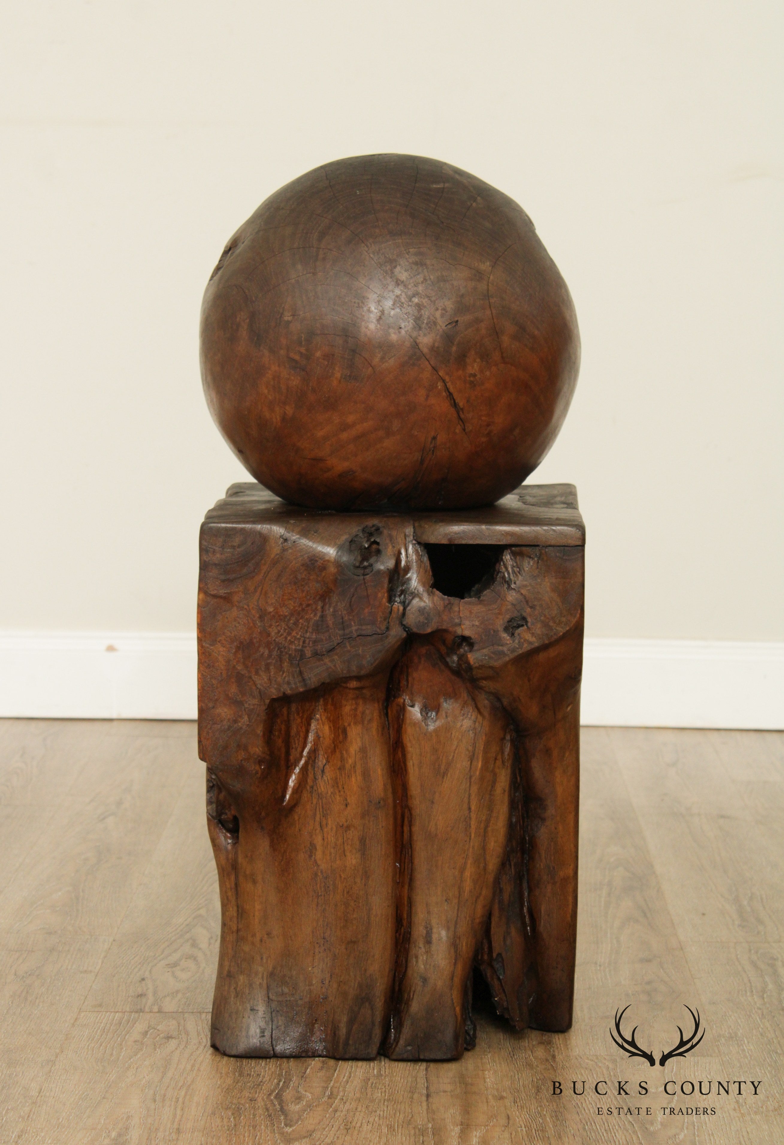 Mid Century Vintage Teak Wood Ball Sculpture on Root Pedestal