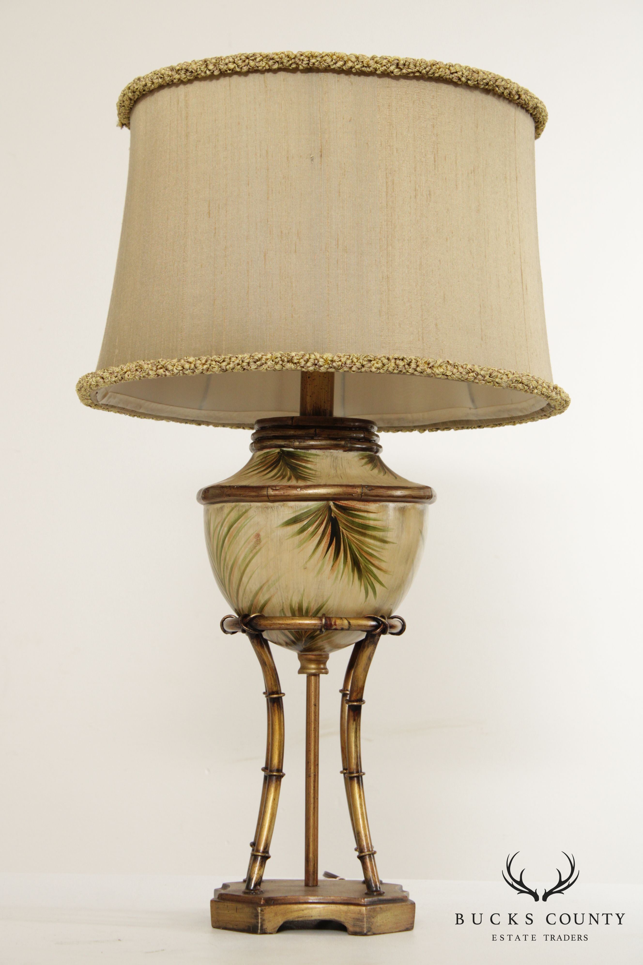 Vintage Tropical Palm Table Lamp with Silk Shade