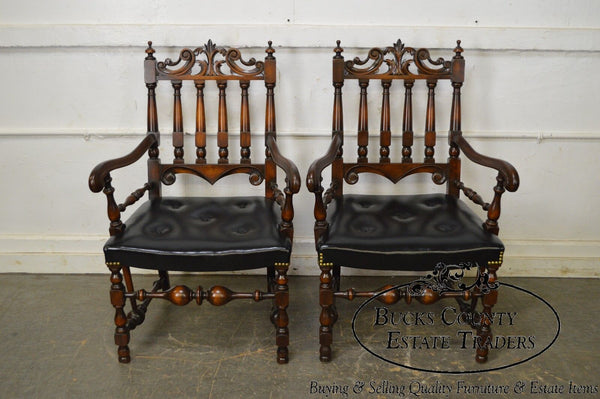 Jacobean Style Solid Walnut 1920s Vintage Pair of Carved Arm Chairs