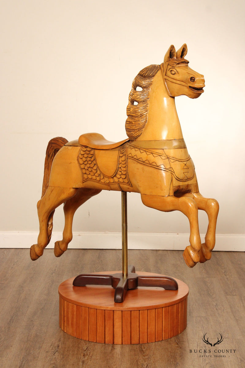 Vintage Wooden Carved Carousel Horse on Stand