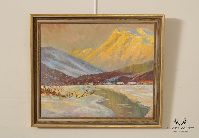 American 20th Century Winter Mountain Town Landscape Original Oil Painting by Ed Hall