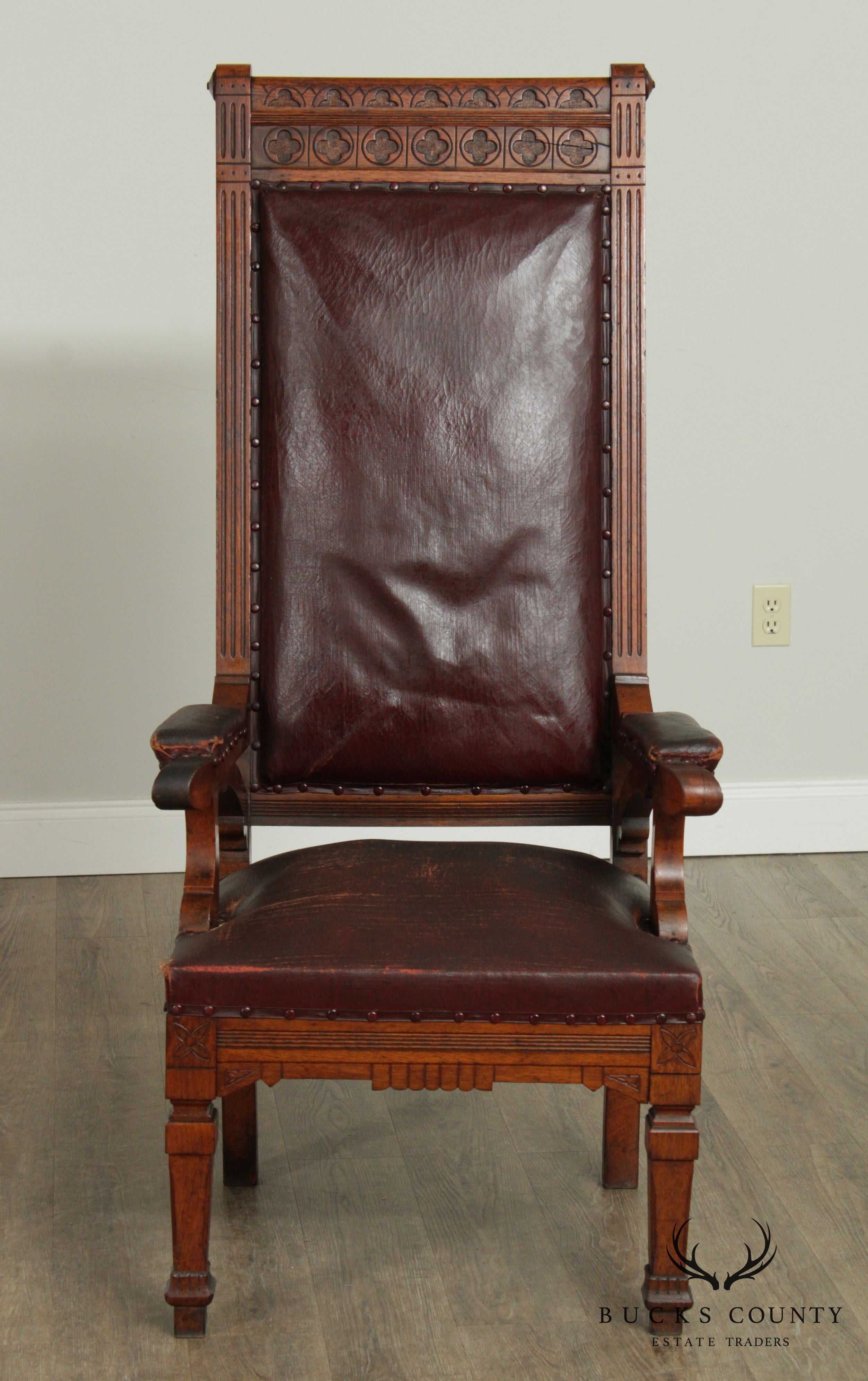 Antique Victorian Oak Pair High Back Masonic Armchairs