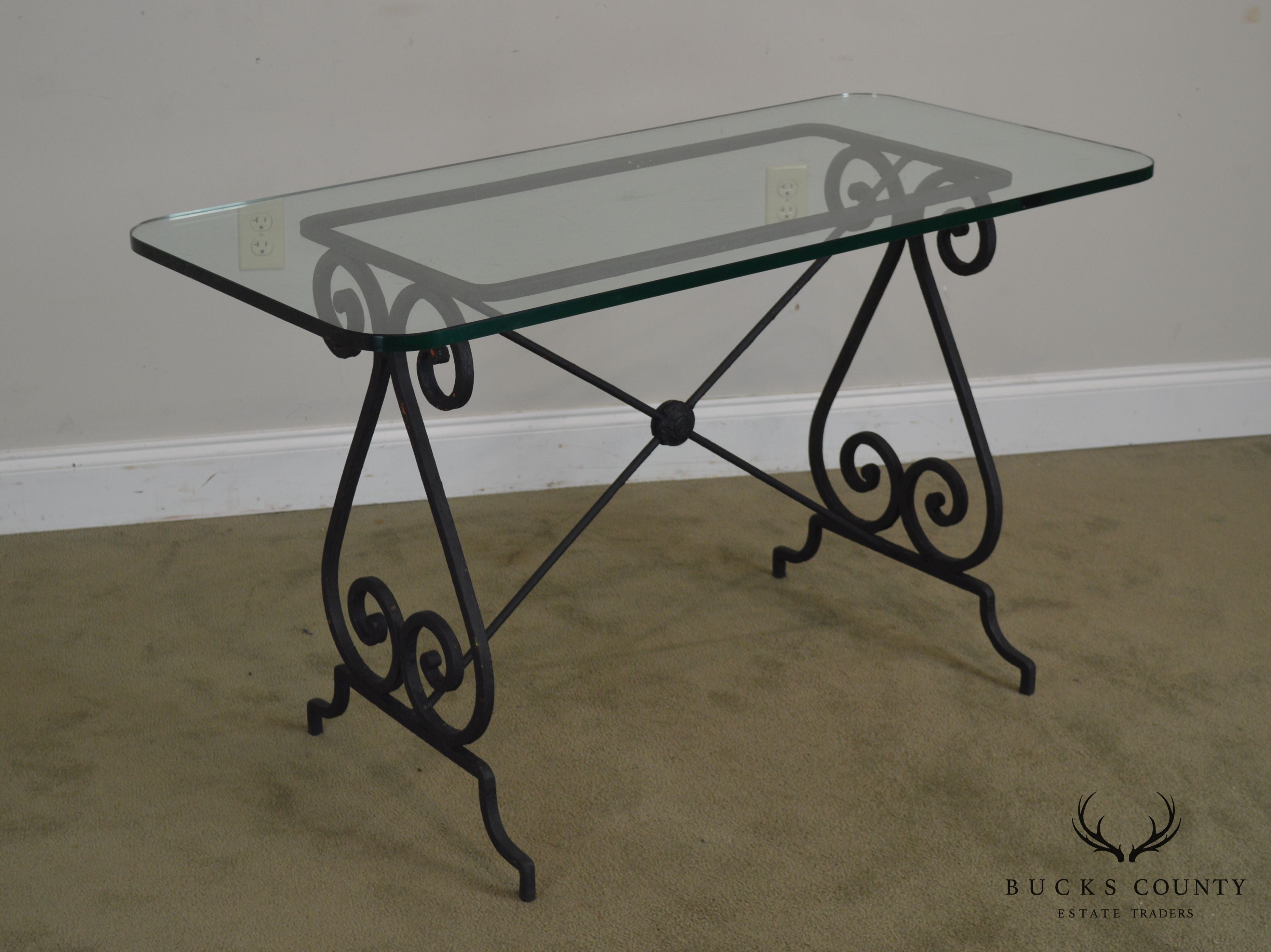 Antique Forged Iron Bistro Table With Glass Top