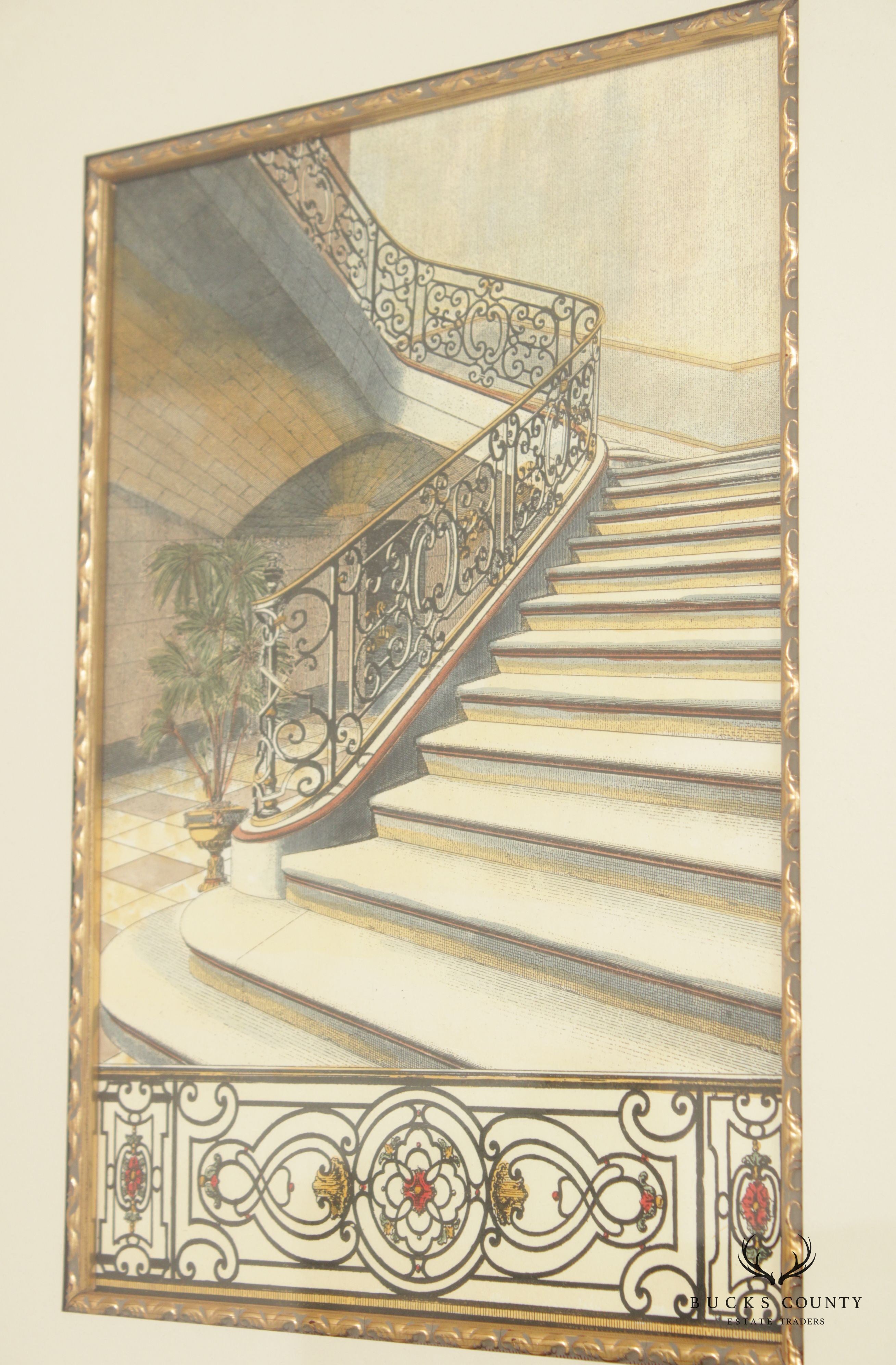 Art Nouveau Style Pair Architectural Staircase Prints, Custom Framed