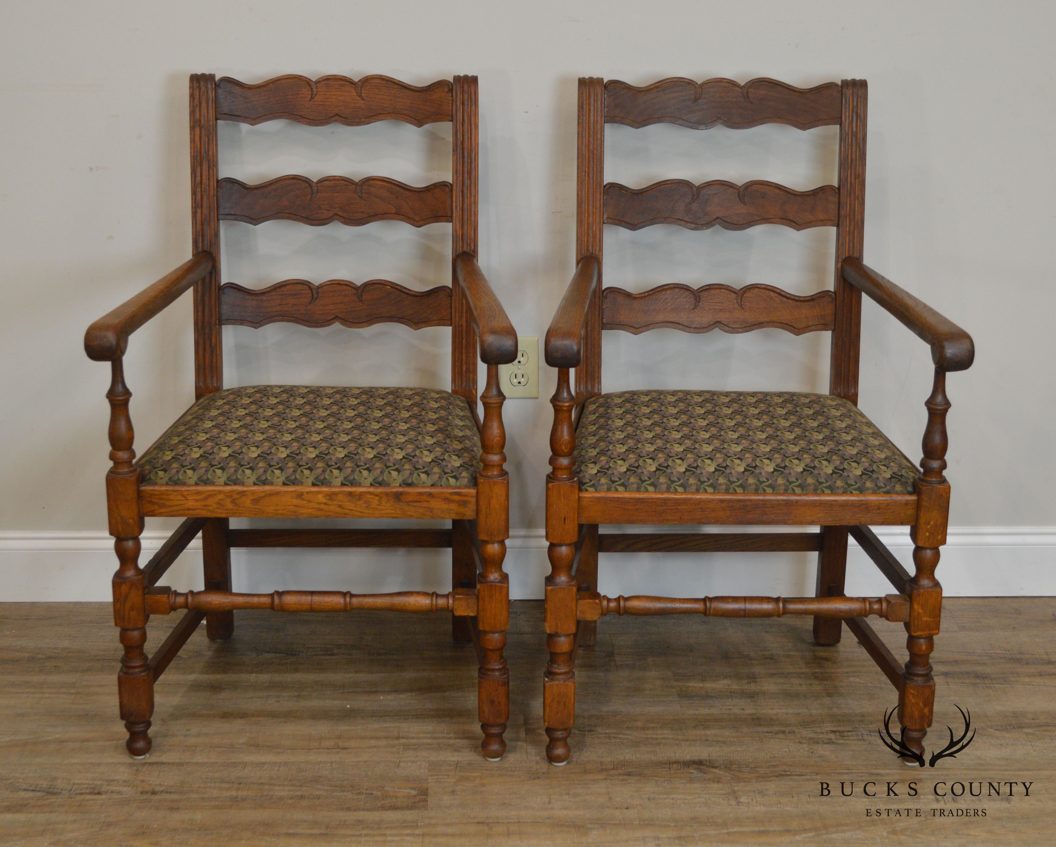 French Country Style Antique Pair Oak Ladder Back Armchairs