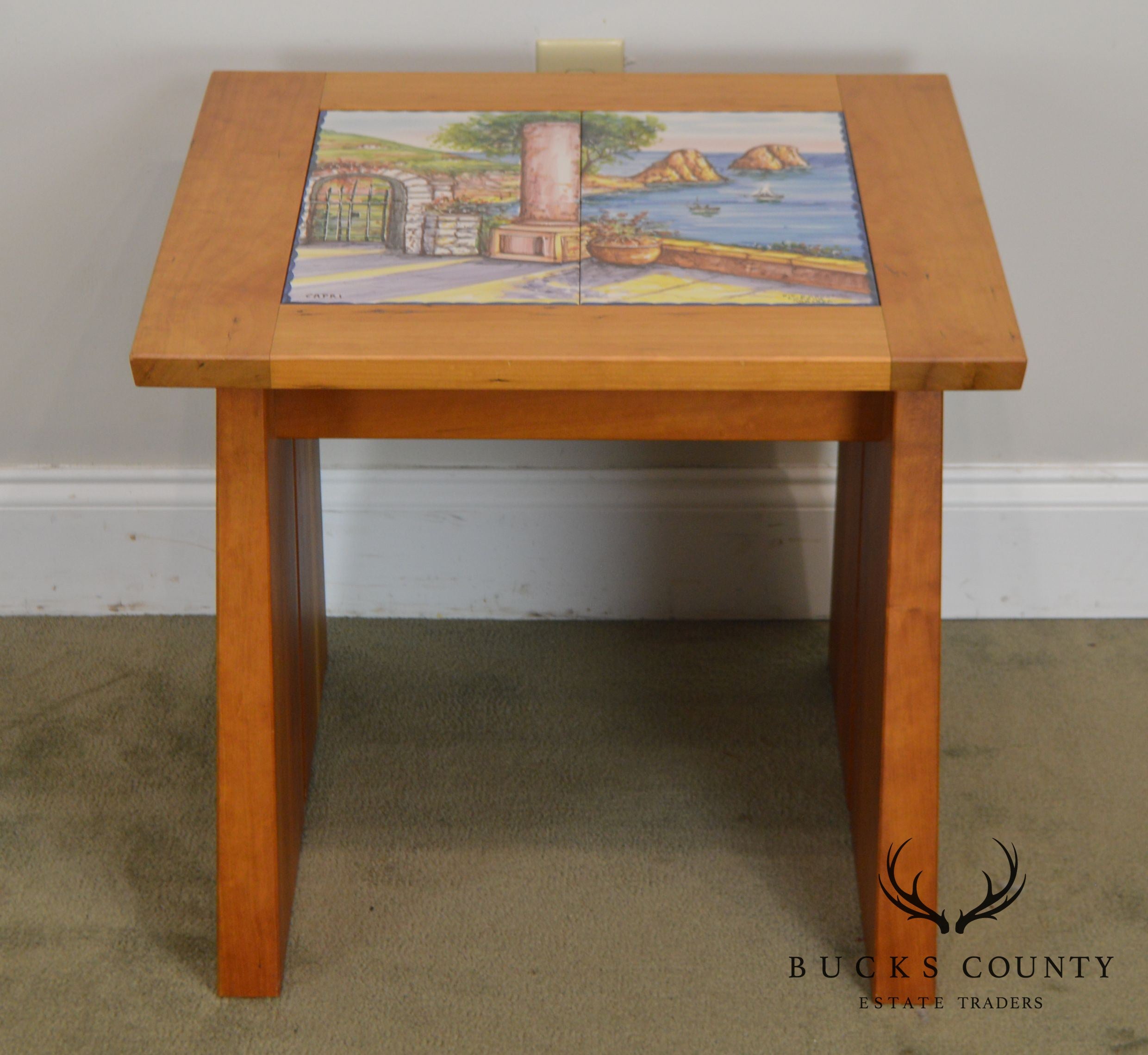 Studio Crafted Solid Cherry Square Side Tables W/ Hand Painted Italian Capri Tiles