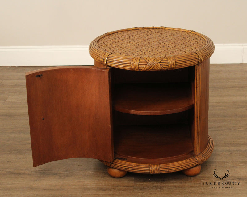 Bamboo and Rattan Circular Glass Top Drum Style Side Table