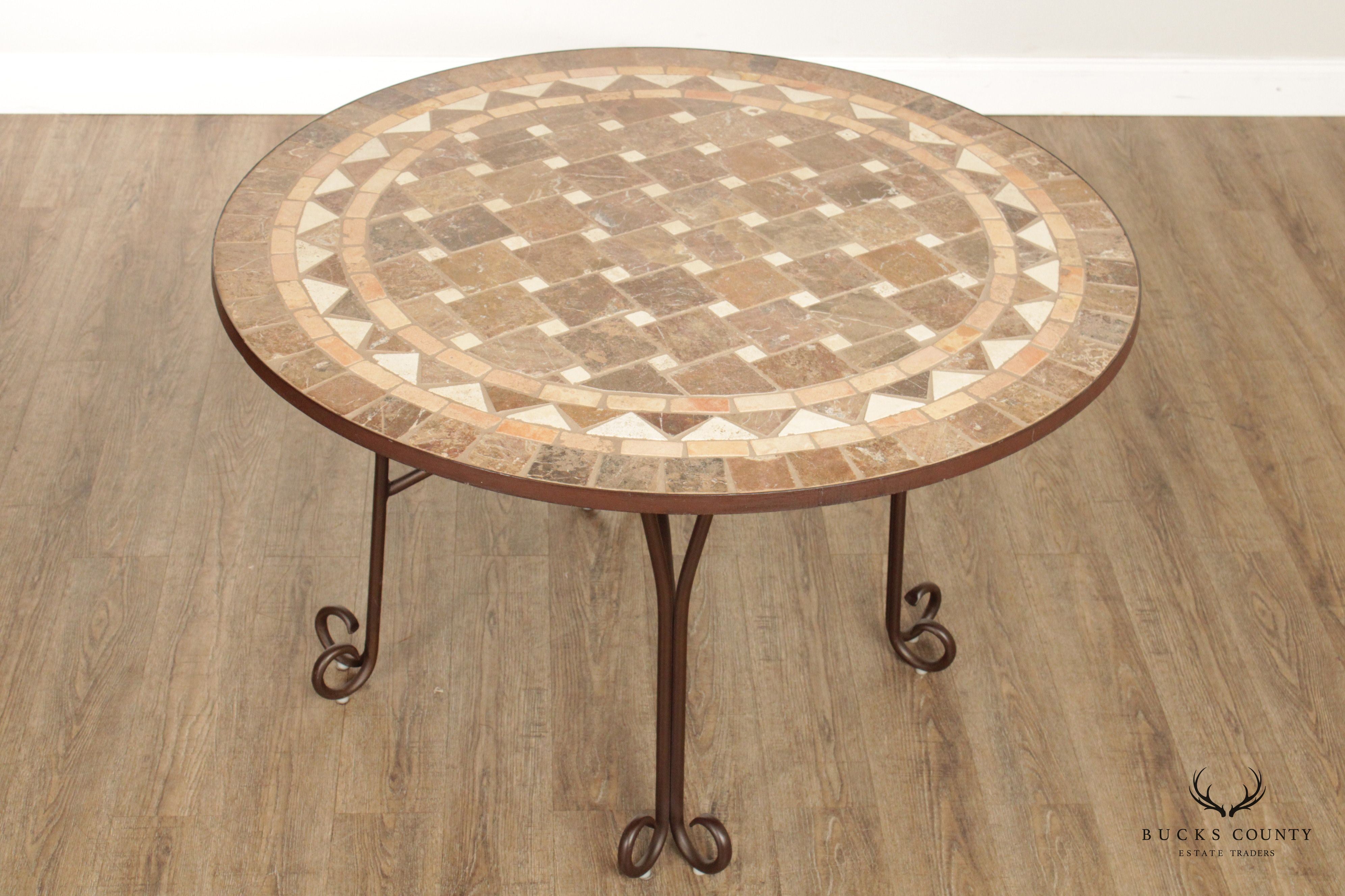 Tuscan Style Mosaic Stone & Wrought Iron Round Dining Table