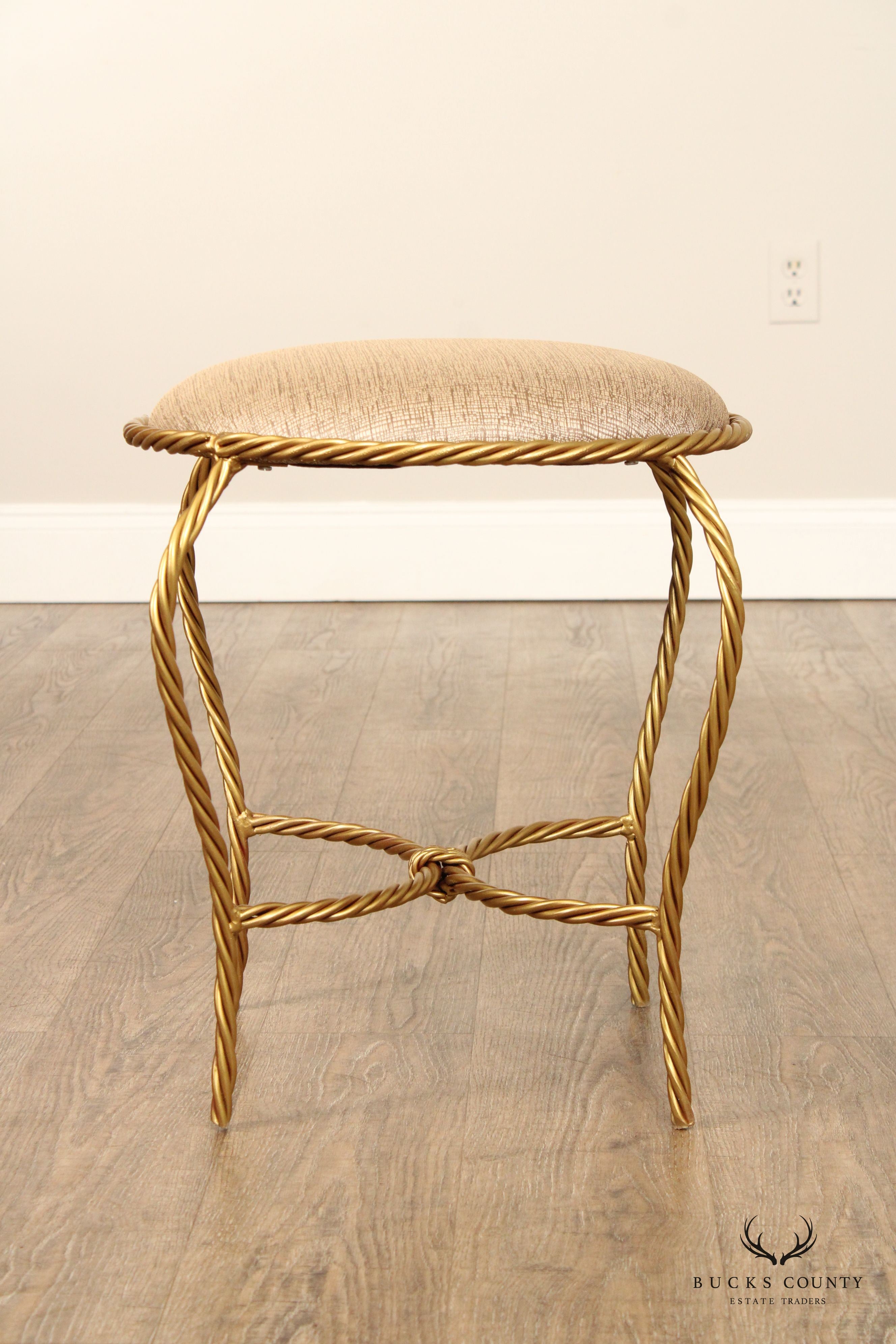 Hollywood Regency Pair of Gilt Metal Rope Twist Stools