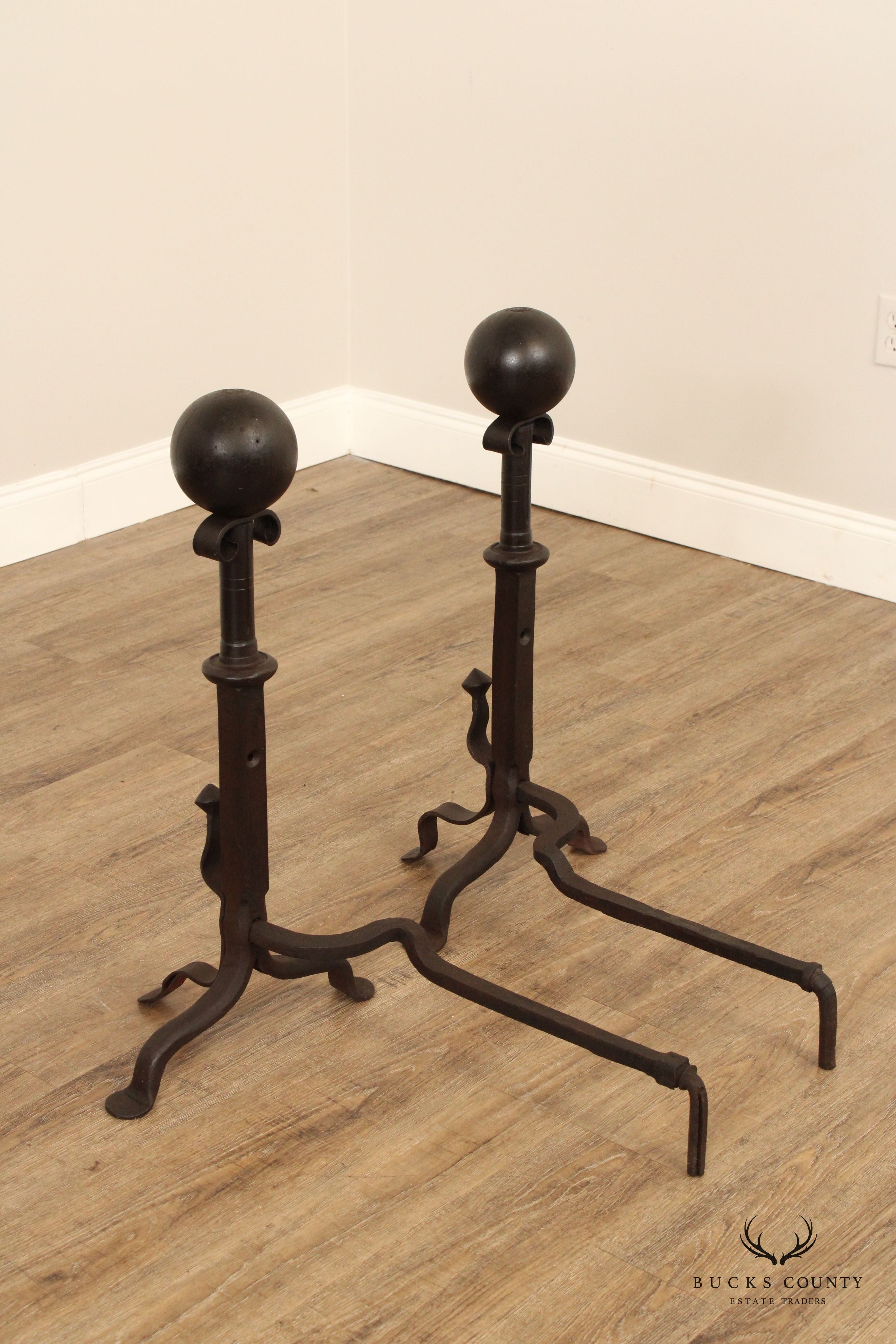 Arts & Crafts Pair of Heavy Iron Fireplace Andirons