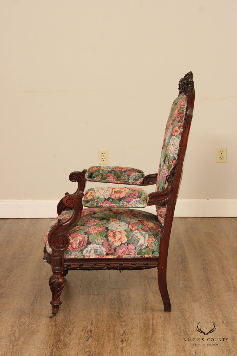Antique Renaissance Revival Rosewood Carved Library Armchair