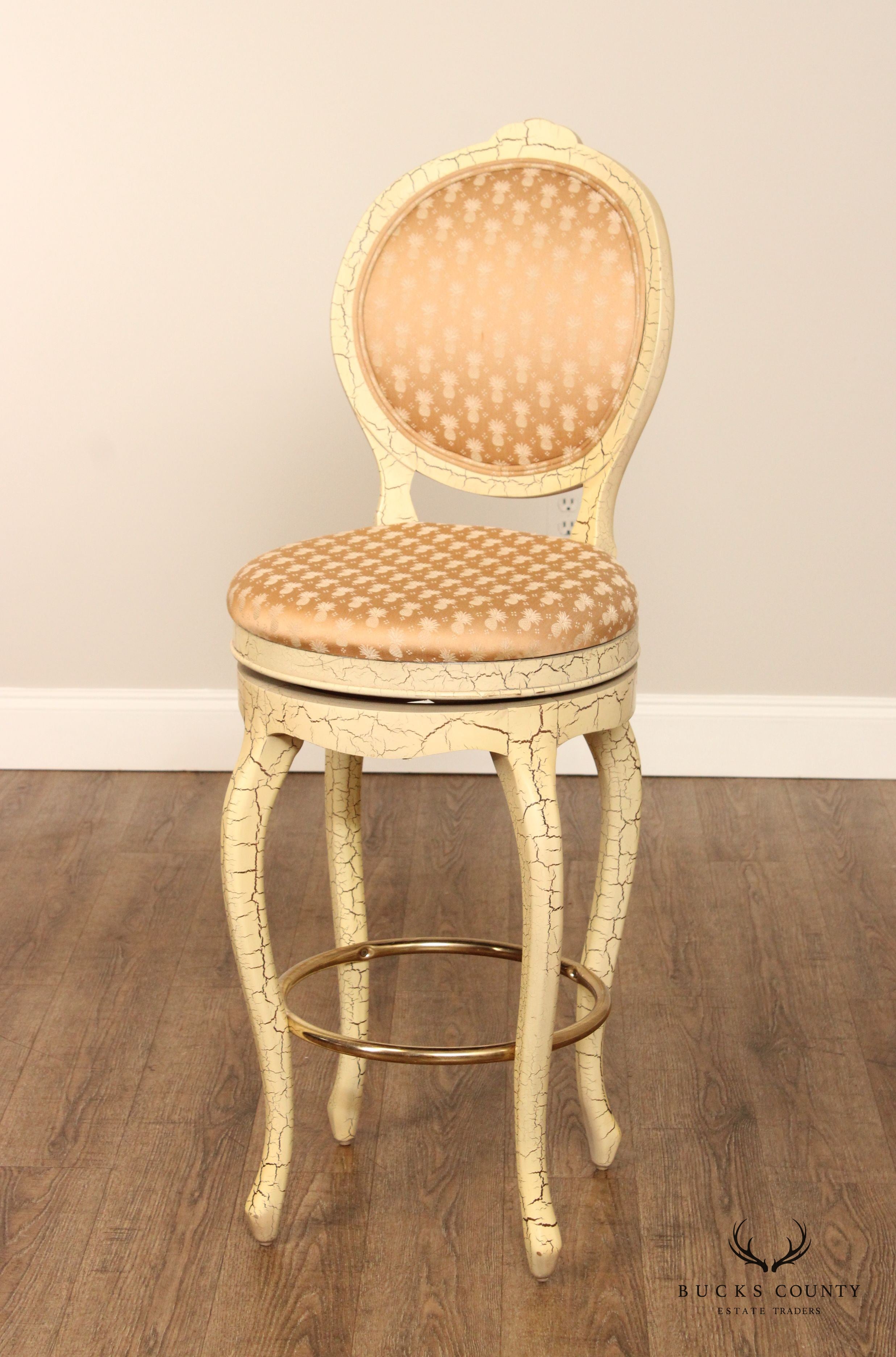 French Style Vintage Set Four Crackle Painted Bar Stools