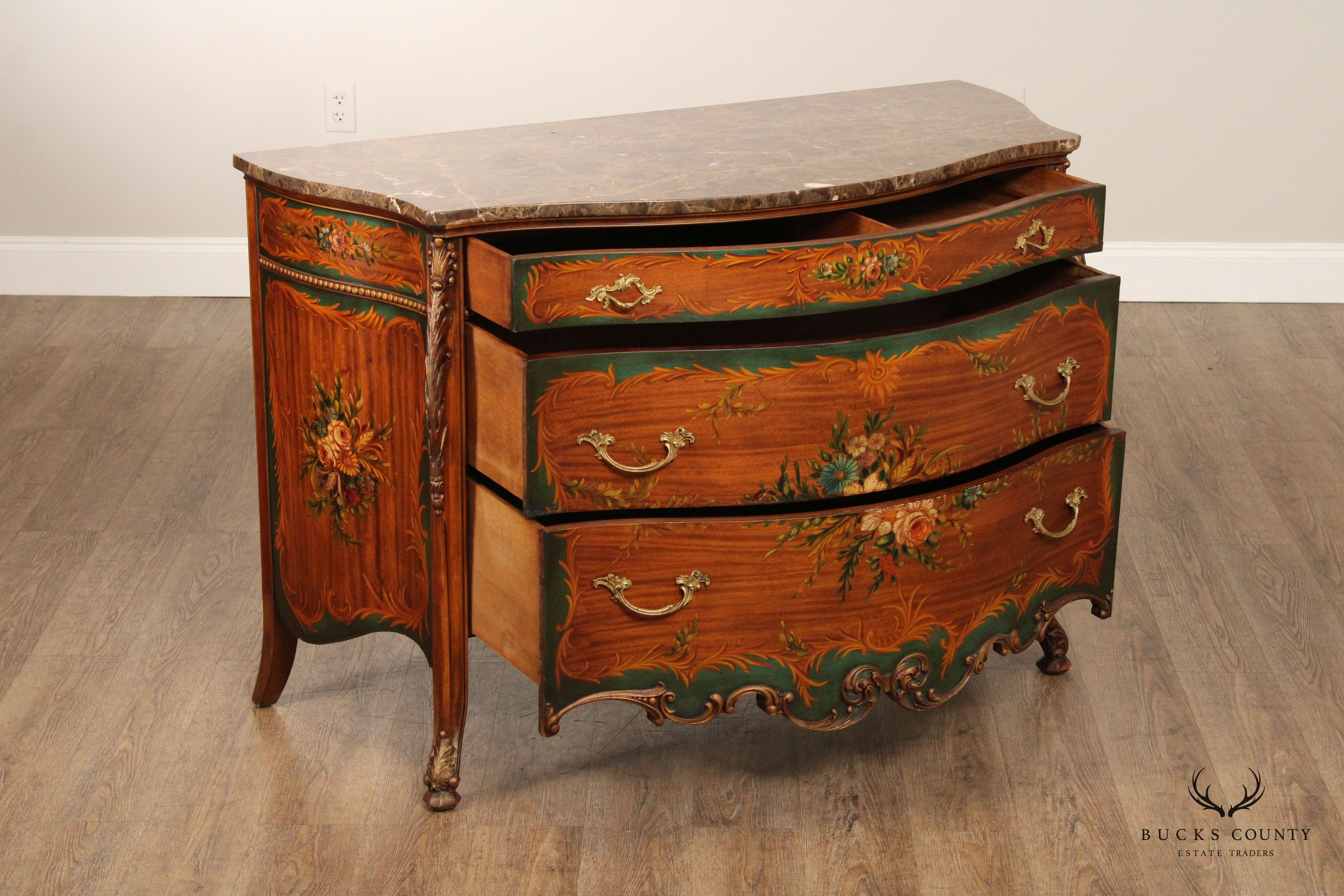 French Louis XV Style Paint Decorated Marble Top Commode