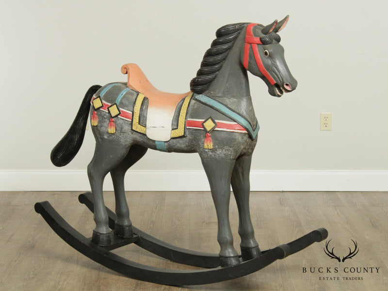 Vintage Quality Carved Wood Hand Painted Large Rocking Horse