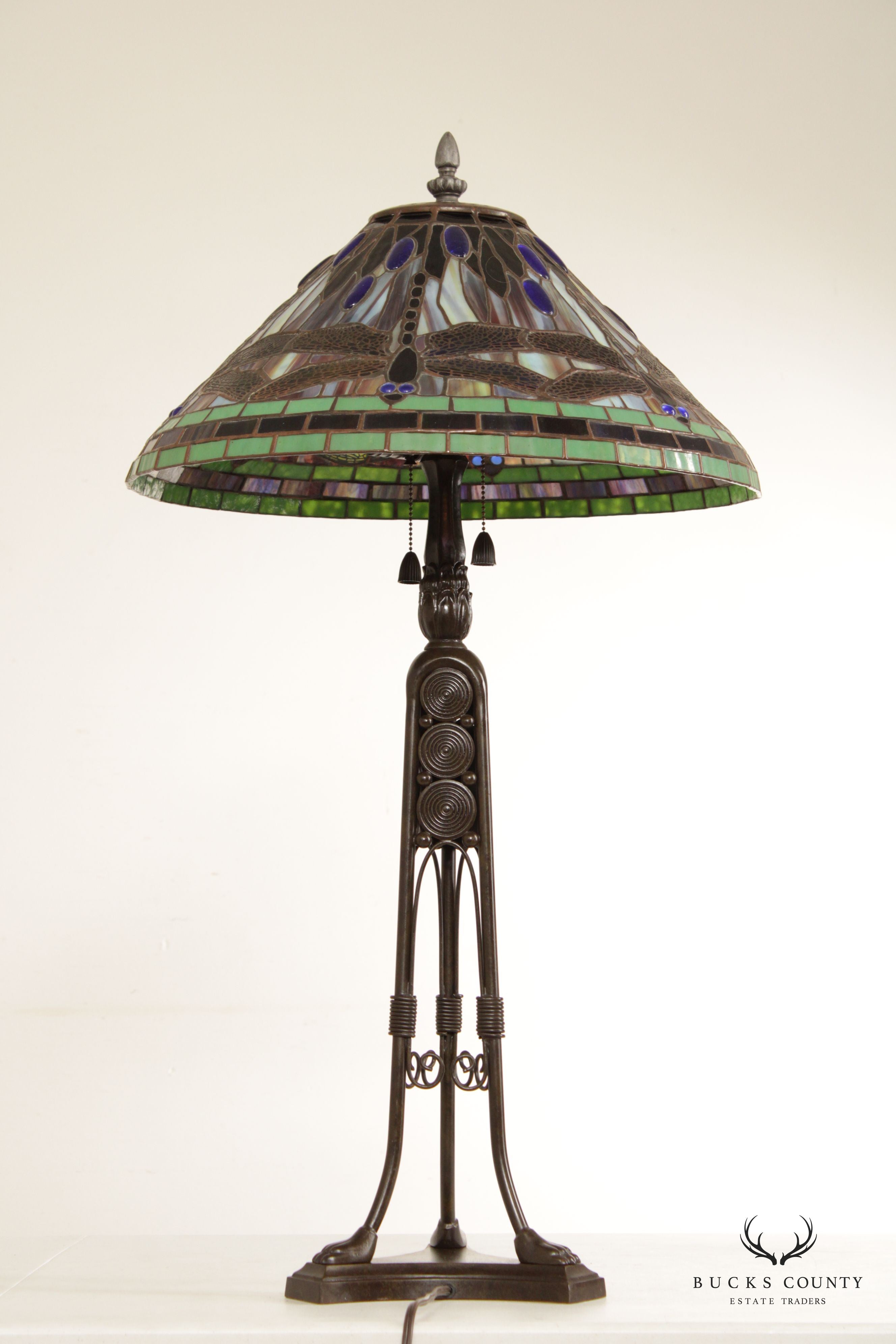 Quoizel Art Nouveau Style Dragon Fly Stained Glass Lamp