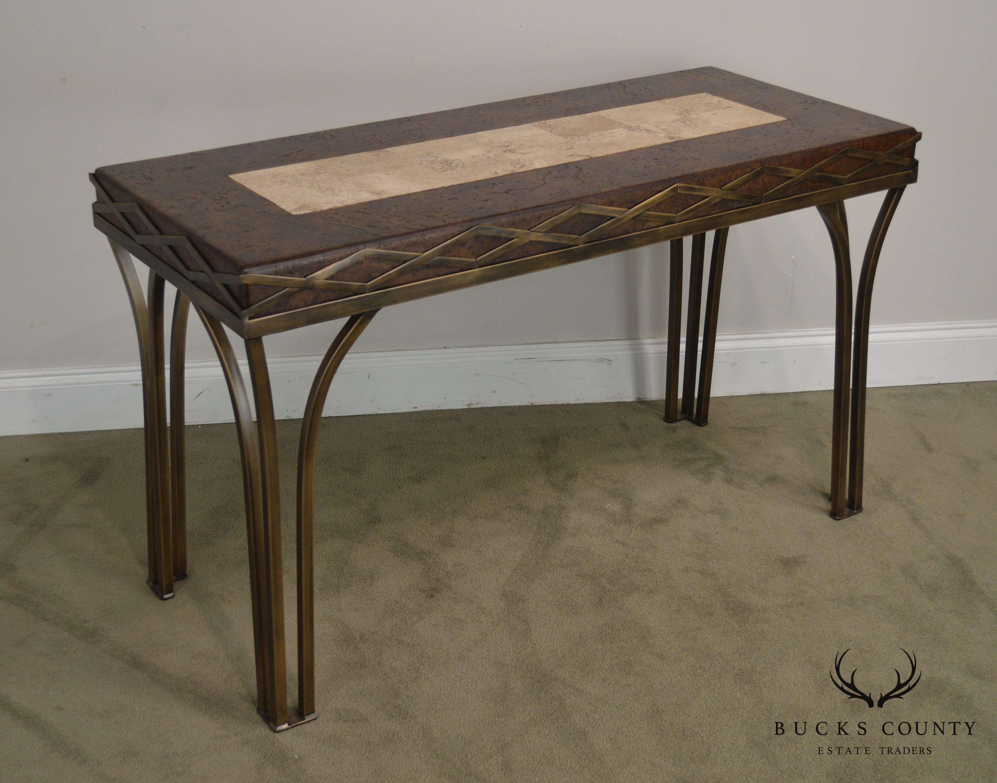 Iron Console Table with Cork and Tessellated Travertine Top