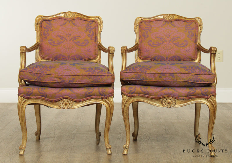Hollywood Regency French Louis XV Style Vintage Gilt Wood Frame Pair Fauteuil Armchairs