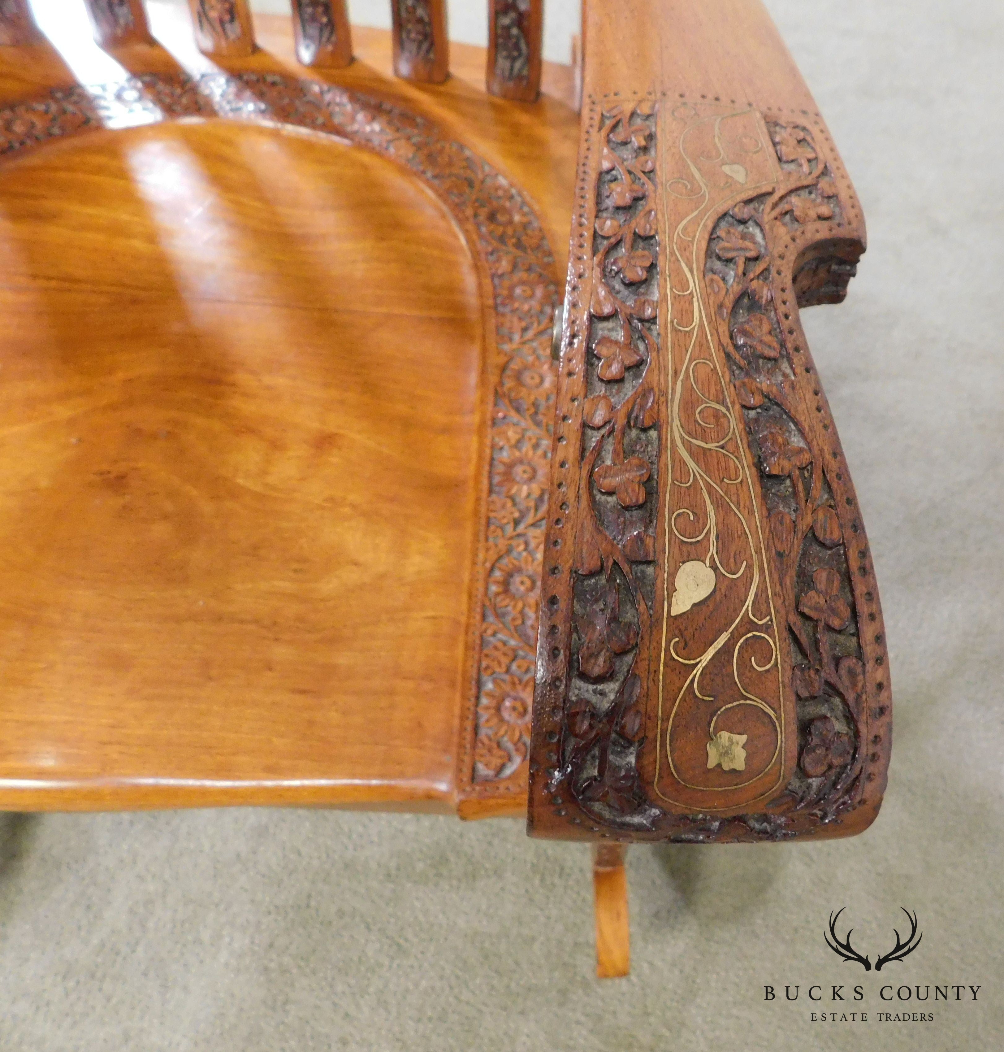 Vintage Indian Carved Hardwood Brass Inlaid Rocker