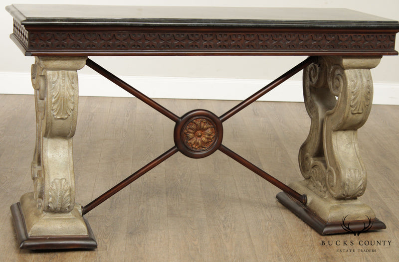 Neoclassical Style Tessellated Marble Top X-Base Console Table (B)