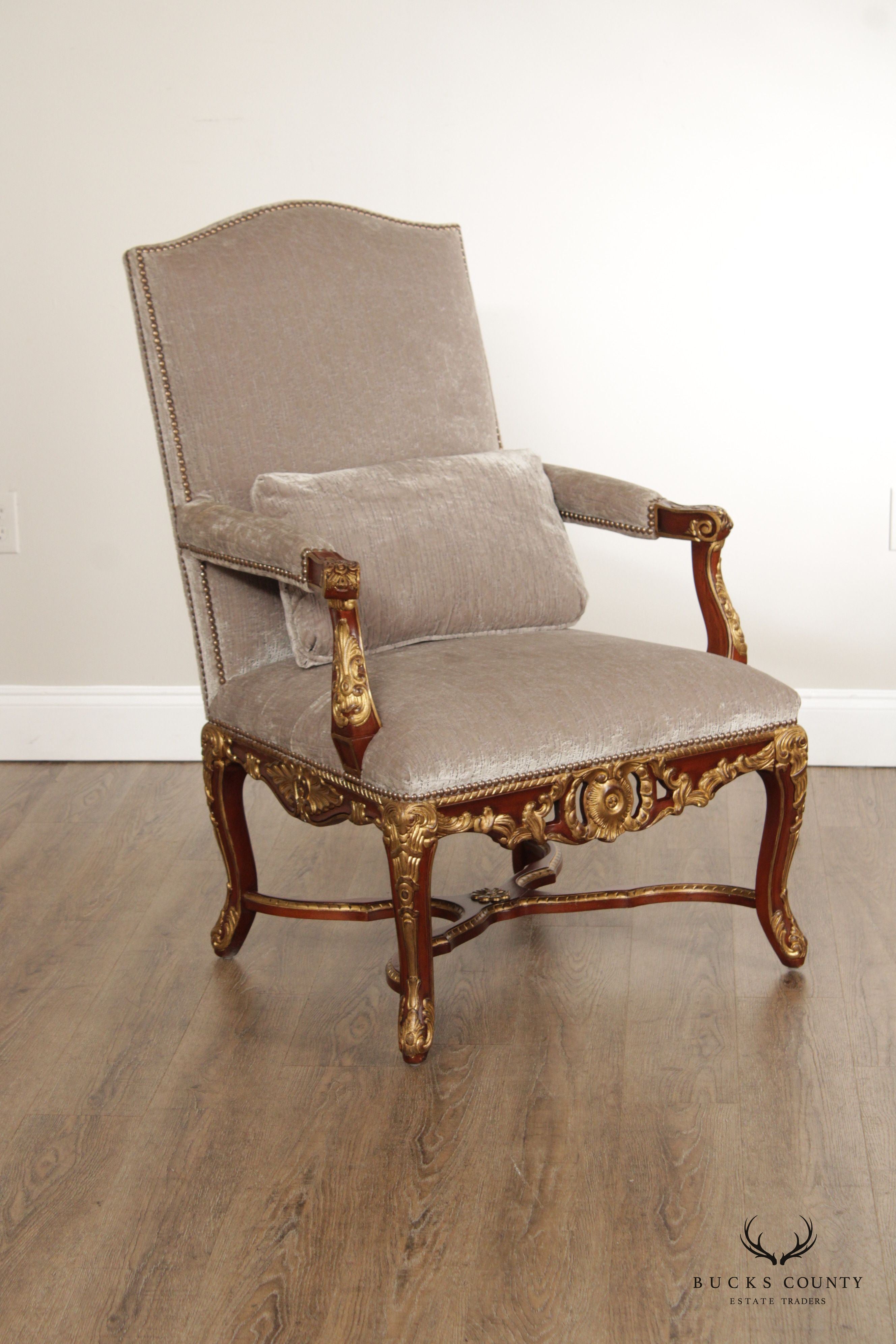 EJ VICTOR FRENCH REGENCE STYLE GILT CARVED ARMCHAIR