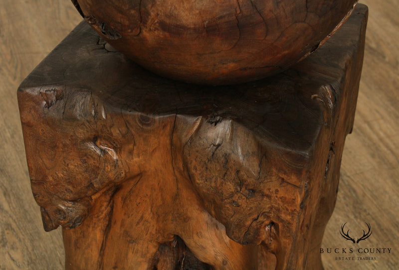 Mid Century Vintage Teak Wood Ball Sculpture on Root Pedestal