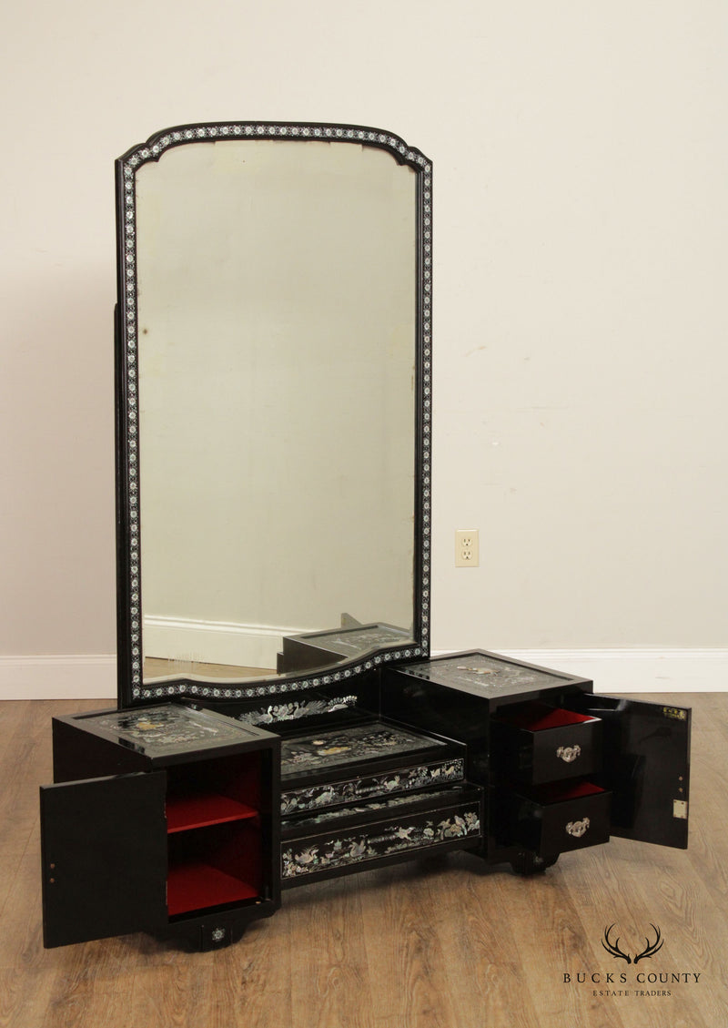 Korean Black Lacquer Mirrored Vanity with Mother of Pearl Inlay