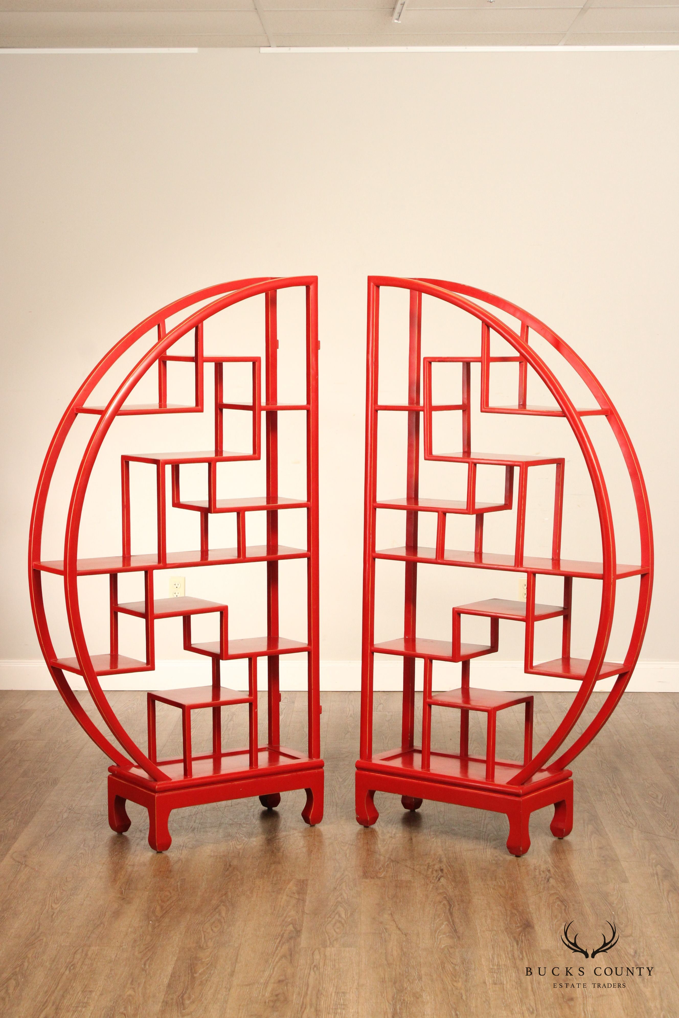 Asian Style Red Painted Round Two Part Room Divider Etagere