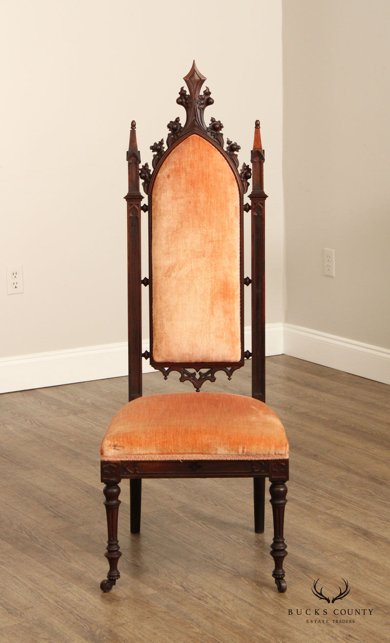 Gothic Revival Antique Carved Rosewood High Back Hall  Chair