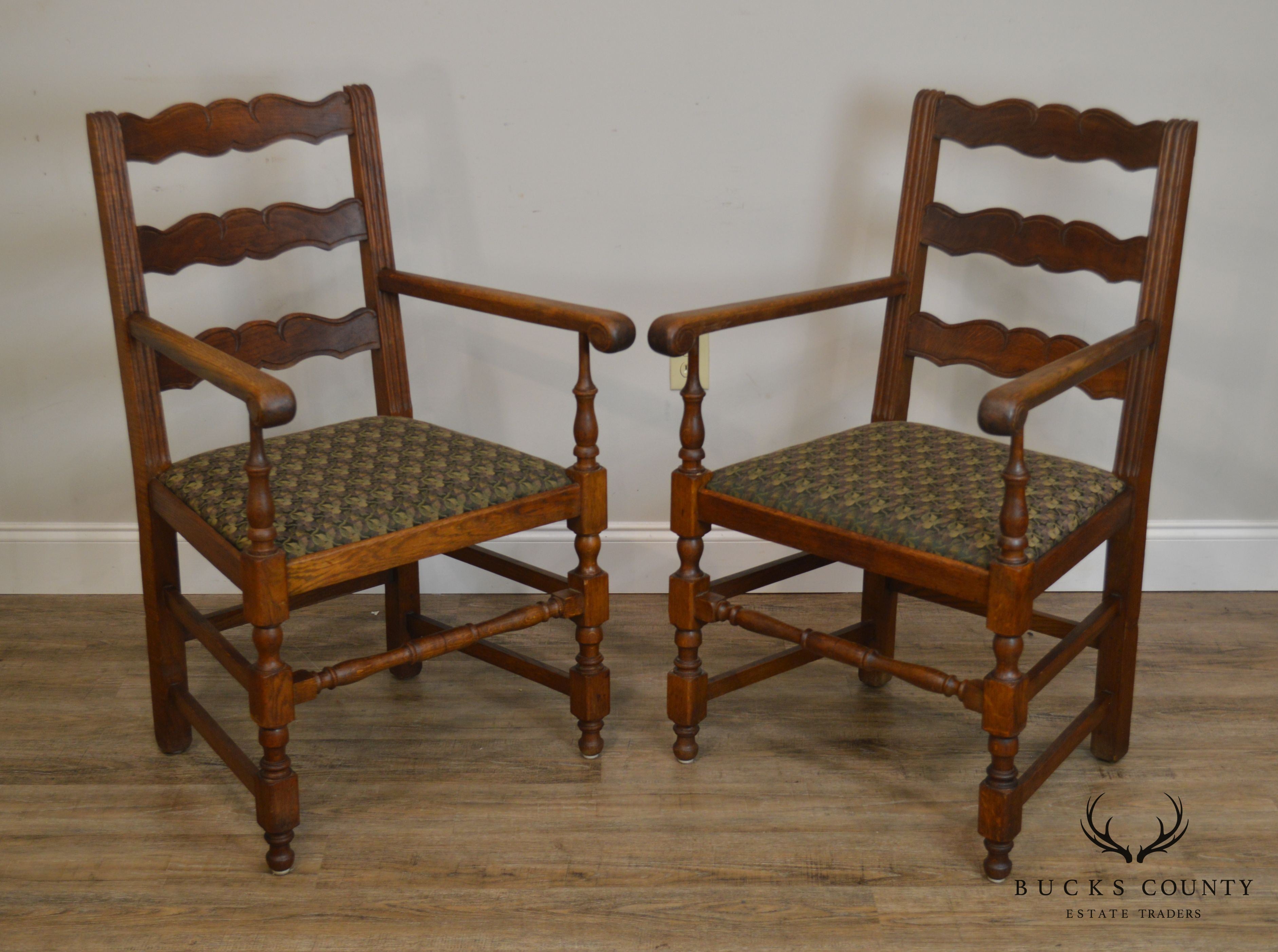 French Country Style Antique Pair Oak Ladder Back Armchairs