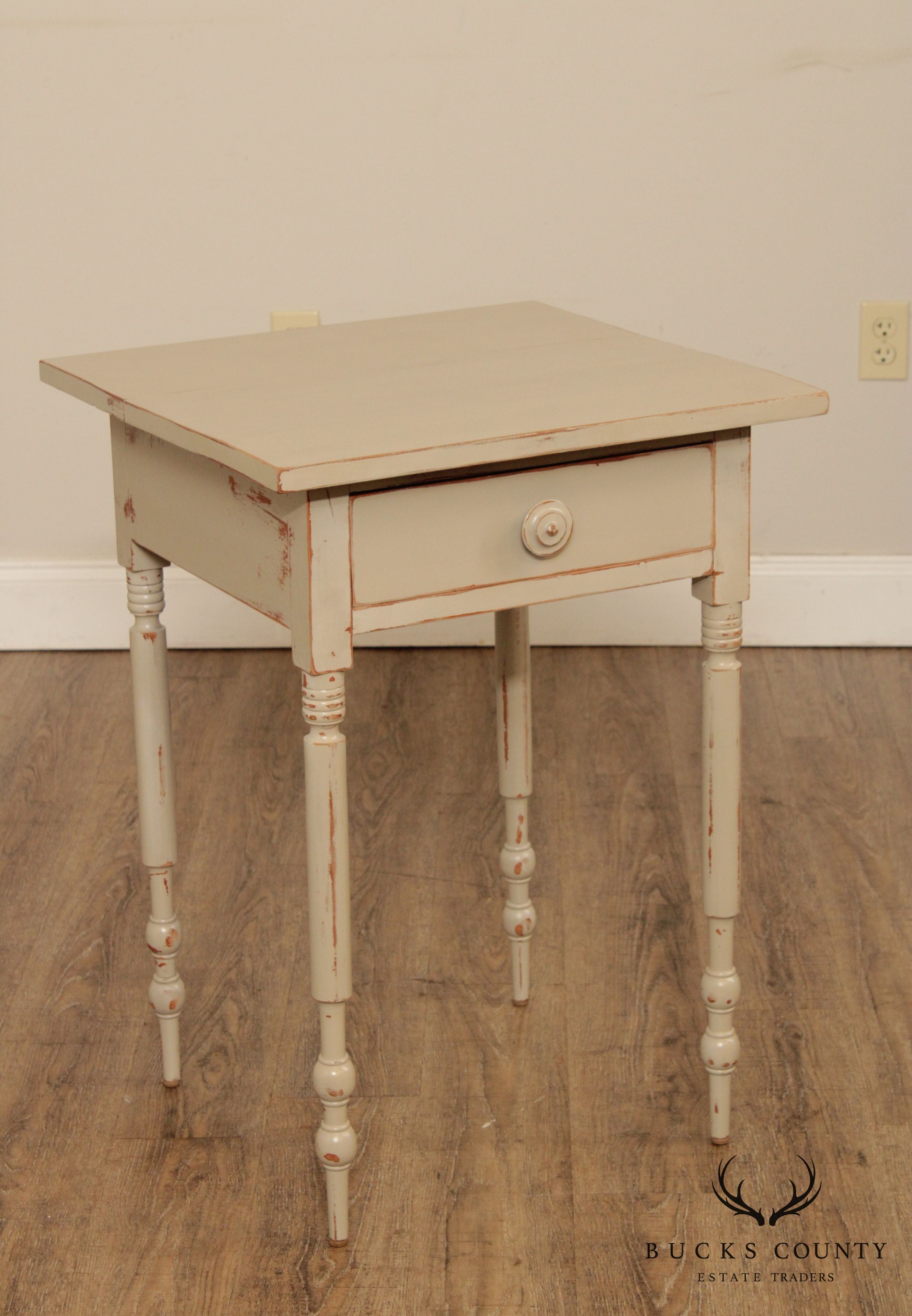 Antique Country Sheraton One Drawer Side Table, Custom Grey Finish