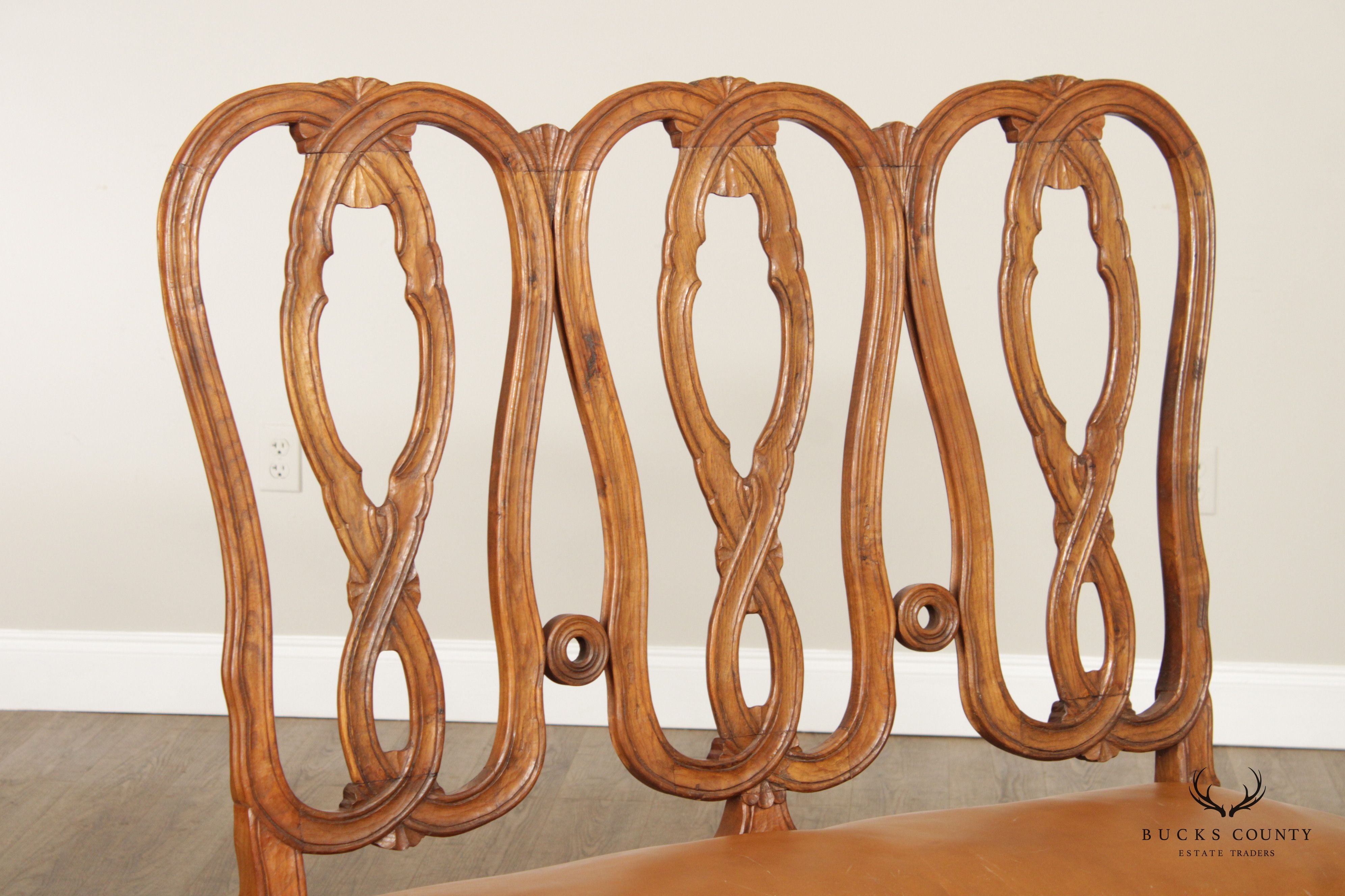 Italian Provincial Style Carved Walnut and Leather Hall Bench Settee