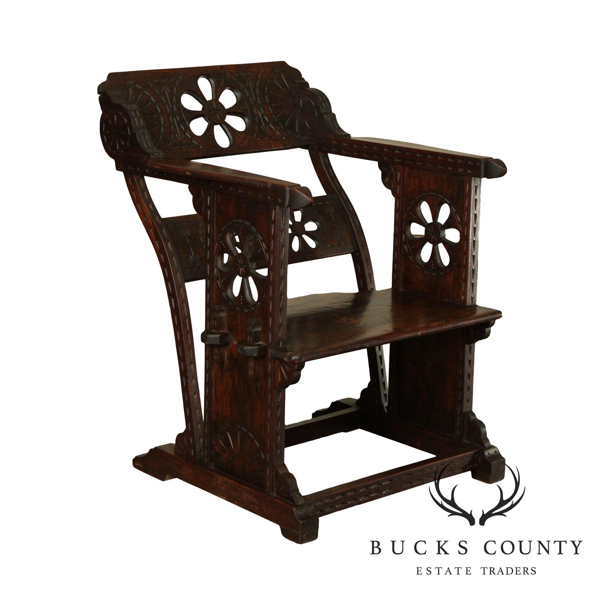 Italian 15th Century Revival Low Wooden Arm Chair