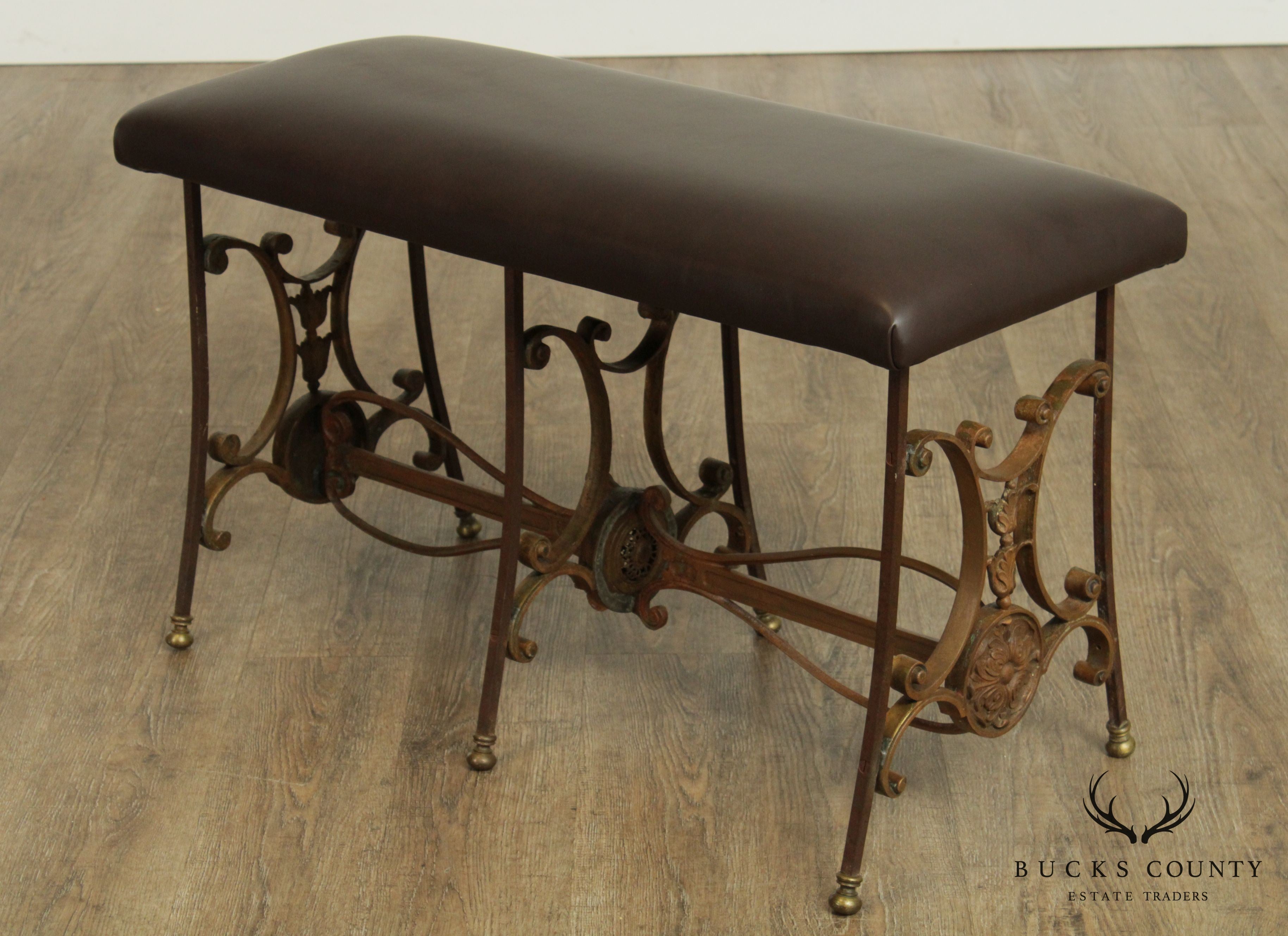 Antique Wrought Iron Leather Seat Bench