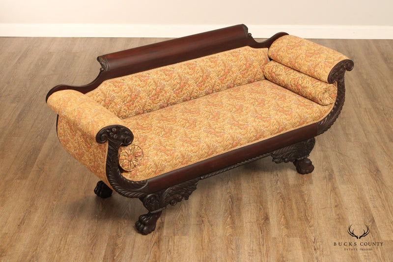 Antique American Empire Carved Mahogany Claw Foot Sofa