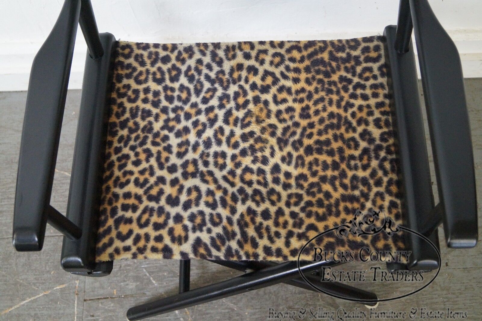 Mid Century Pair of Leopard Print Ebonized Folding Directors Chairs by Telescope