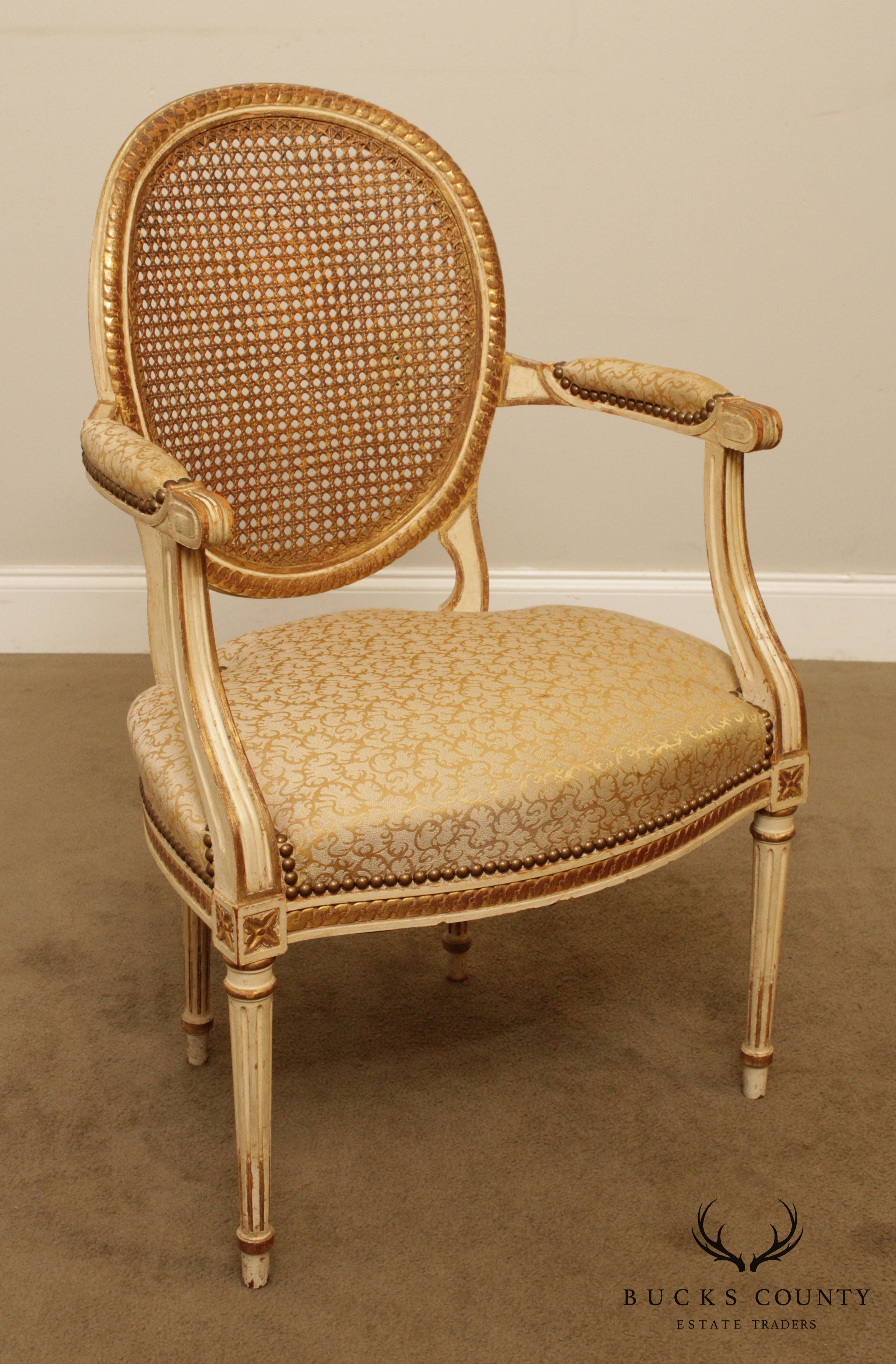 French Louis XVI Style Vintage Pair Partial Gilt Painted Cane Back Armchairs