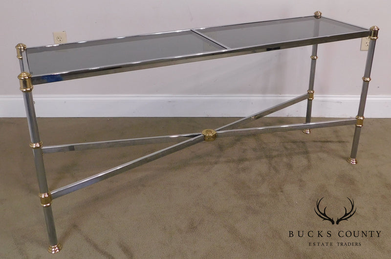 Directoire Style Smoked Glass Chrome and Brass Console Table
