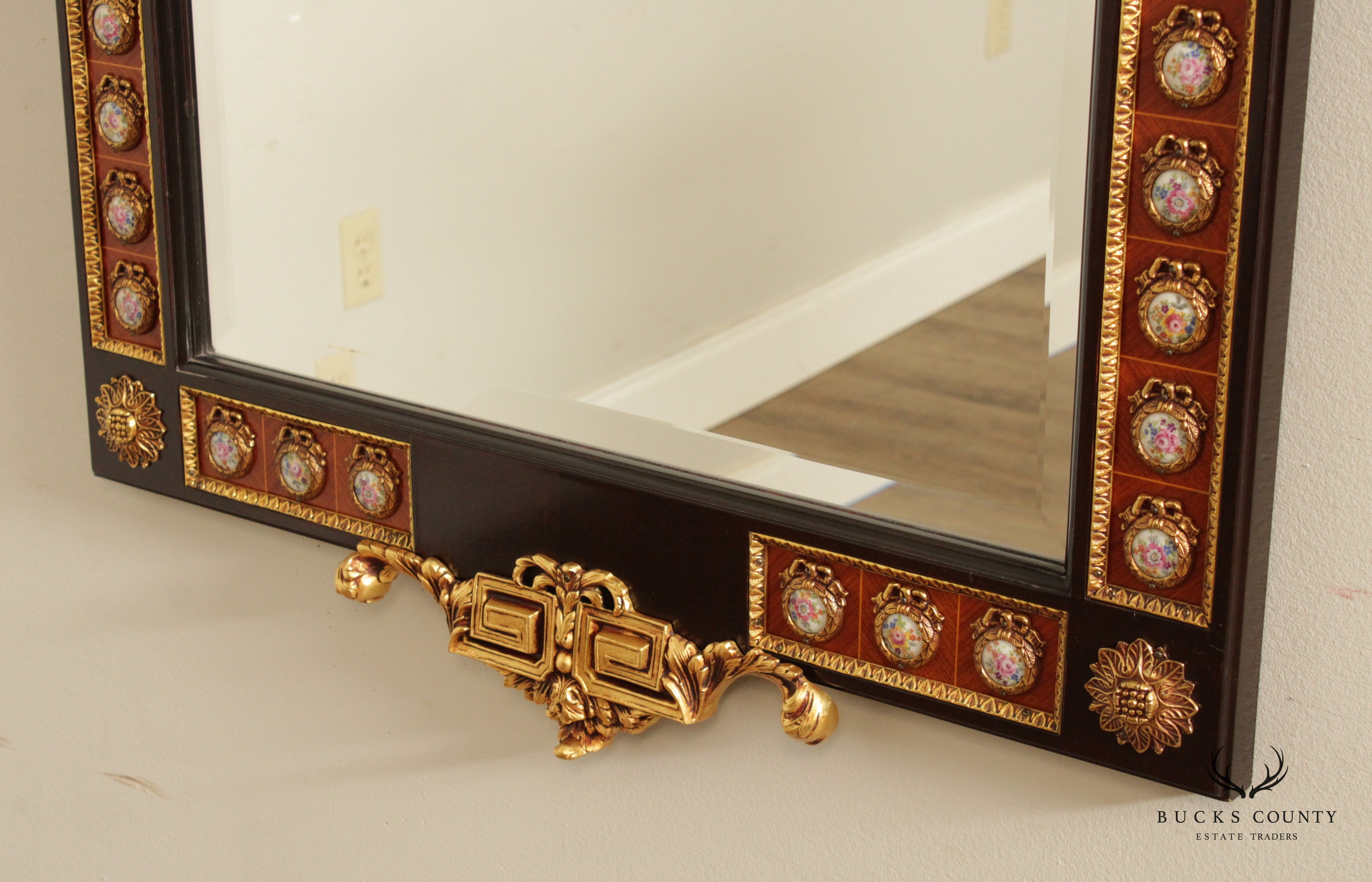 French Louis XVI Style Gilded Brass and Porcelain Mounted Wall Mirror