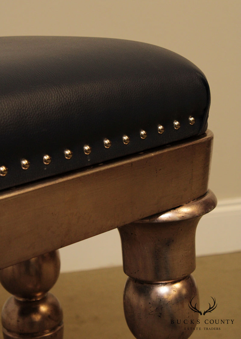 Custom Silver Finished Leather Tufted Bench