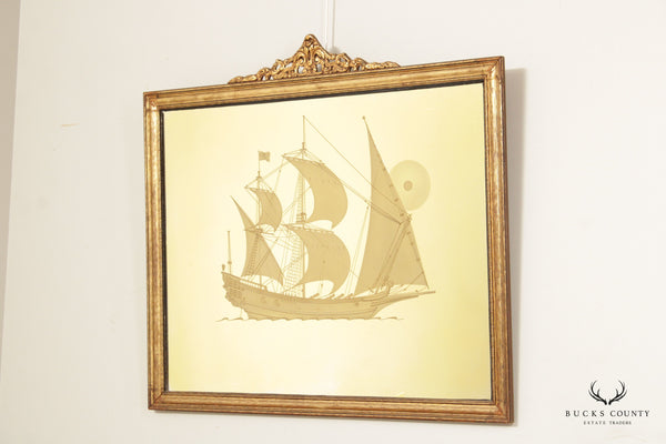 Vintage Gilt Frame Etched Masted Ship Wall Mirror