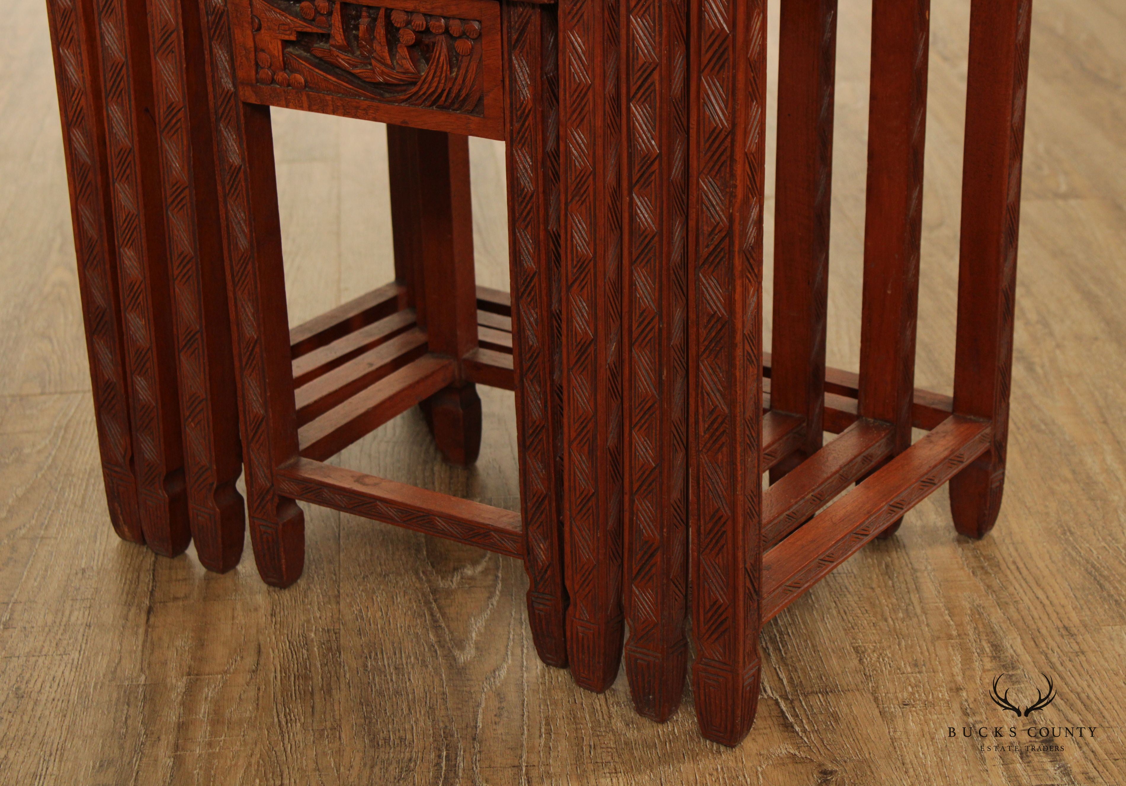 Chinoiserie Carved Set of Four Hardwood Glass Top Nesting Tables