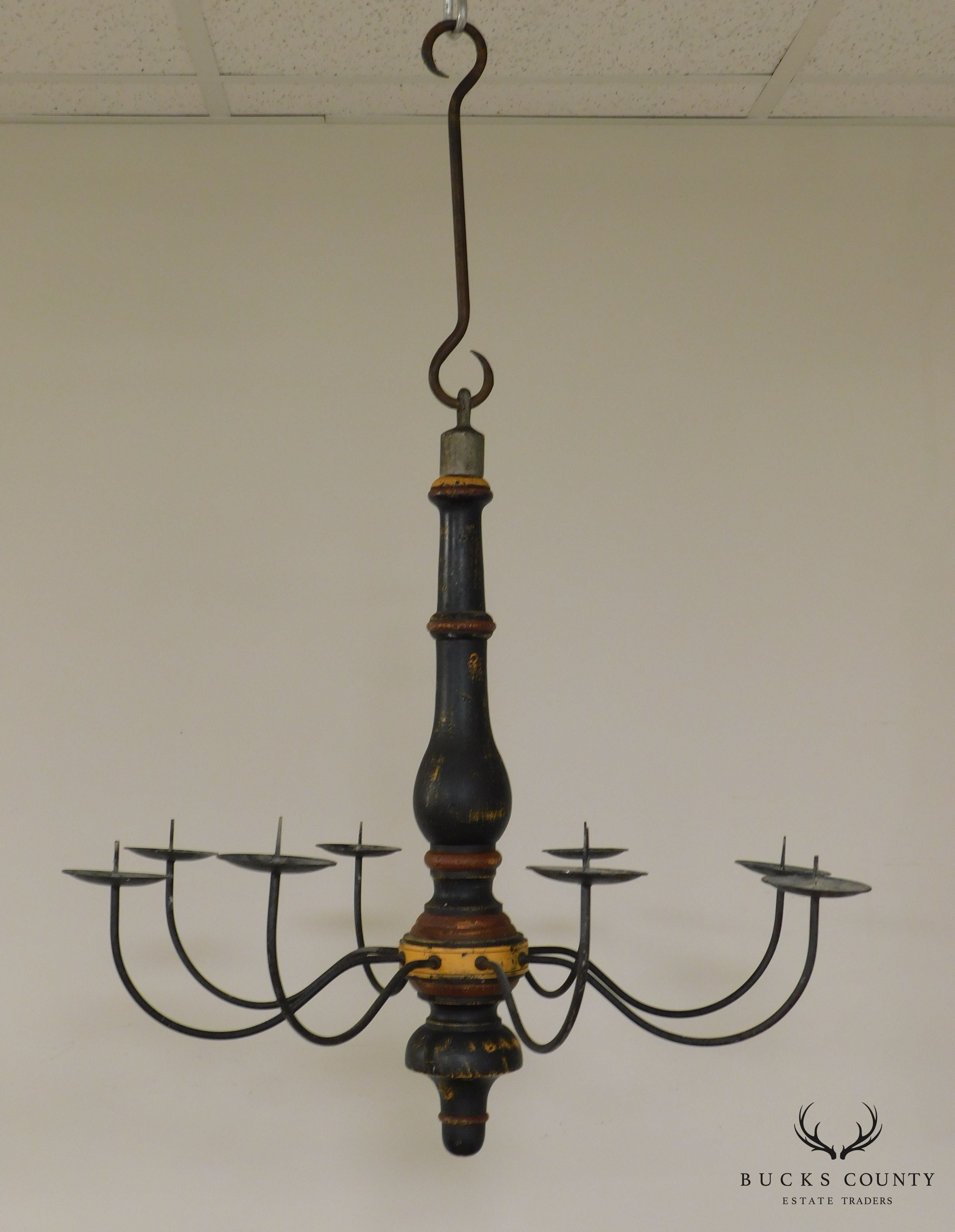 Custom Quality Folk Art 8 Light Turned Wood & Iron Chandelier