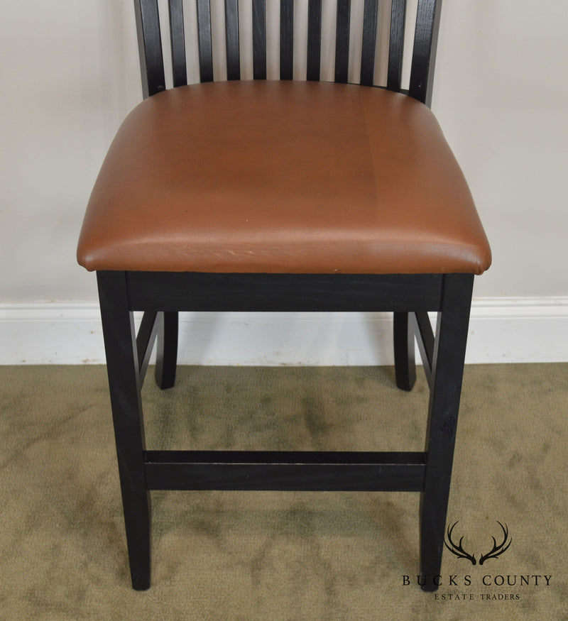 F & N Woodworking Pair Black Bar Stools with Brown Leather Seats