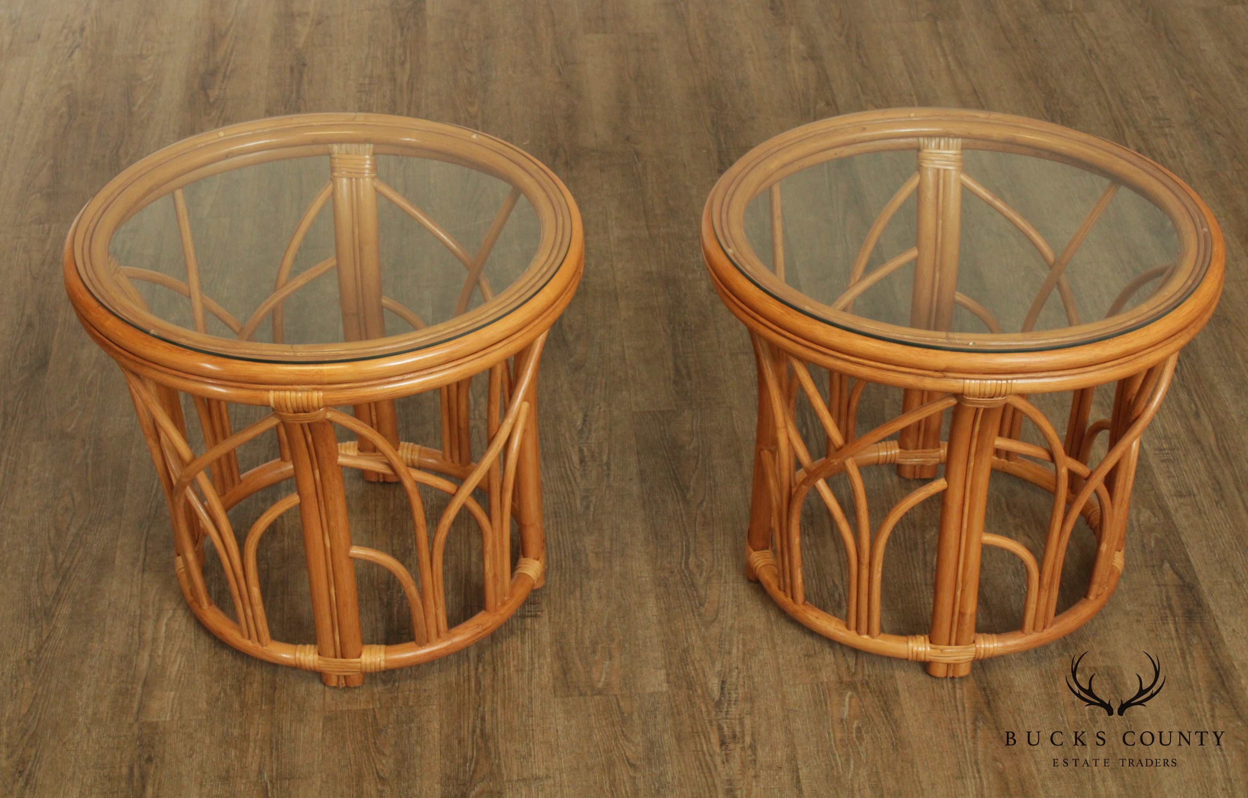 Quality Vintage Pair Rattan Round Glass Top Side Tables