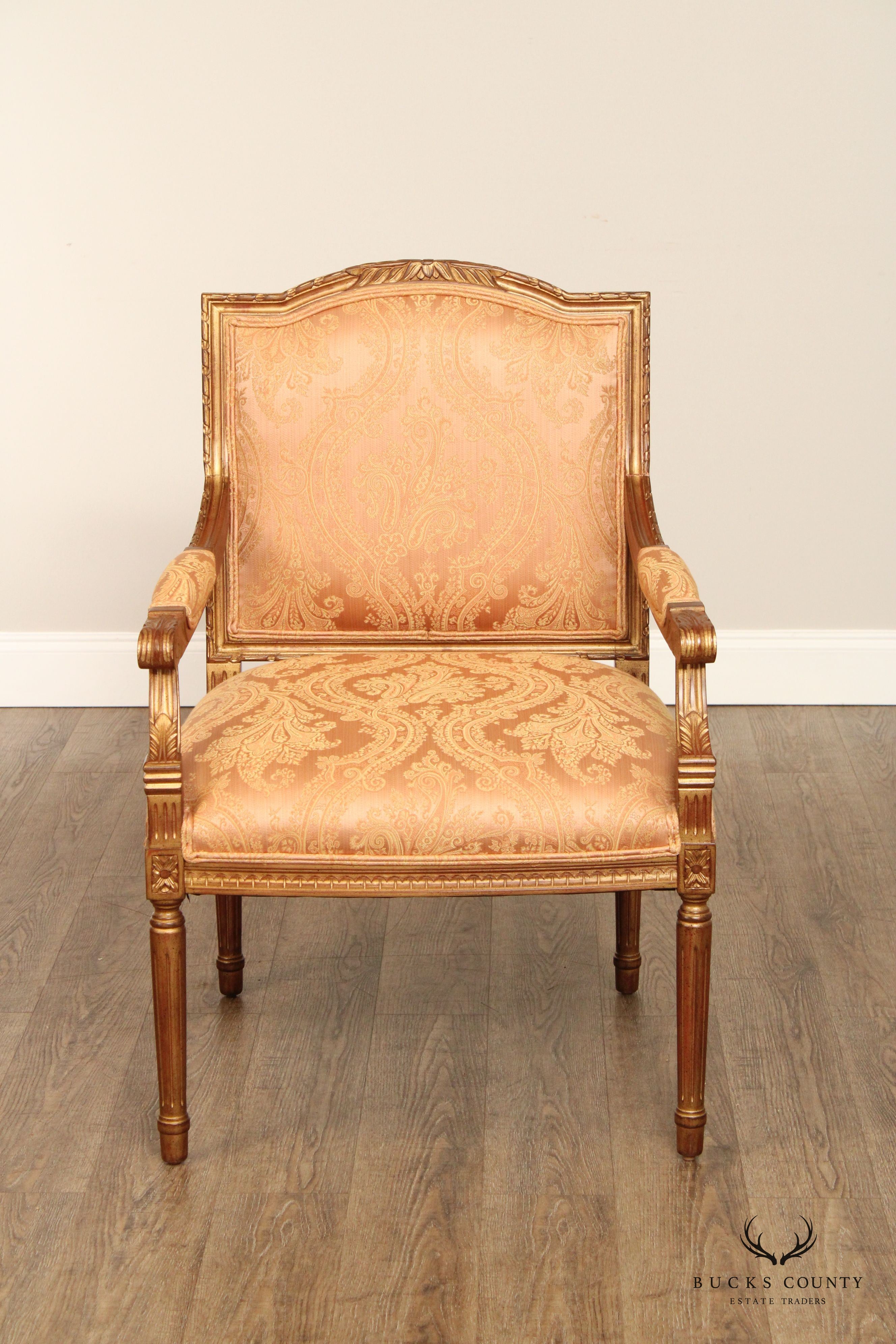 Lambert Furniture French Louis XVI Style Pair of Partial Gilt Fauteuil Armchairs