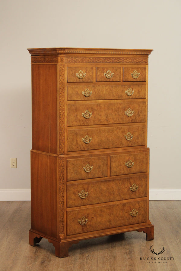 Baker Furniture Chippendale Style Burl Wood Tall Chest