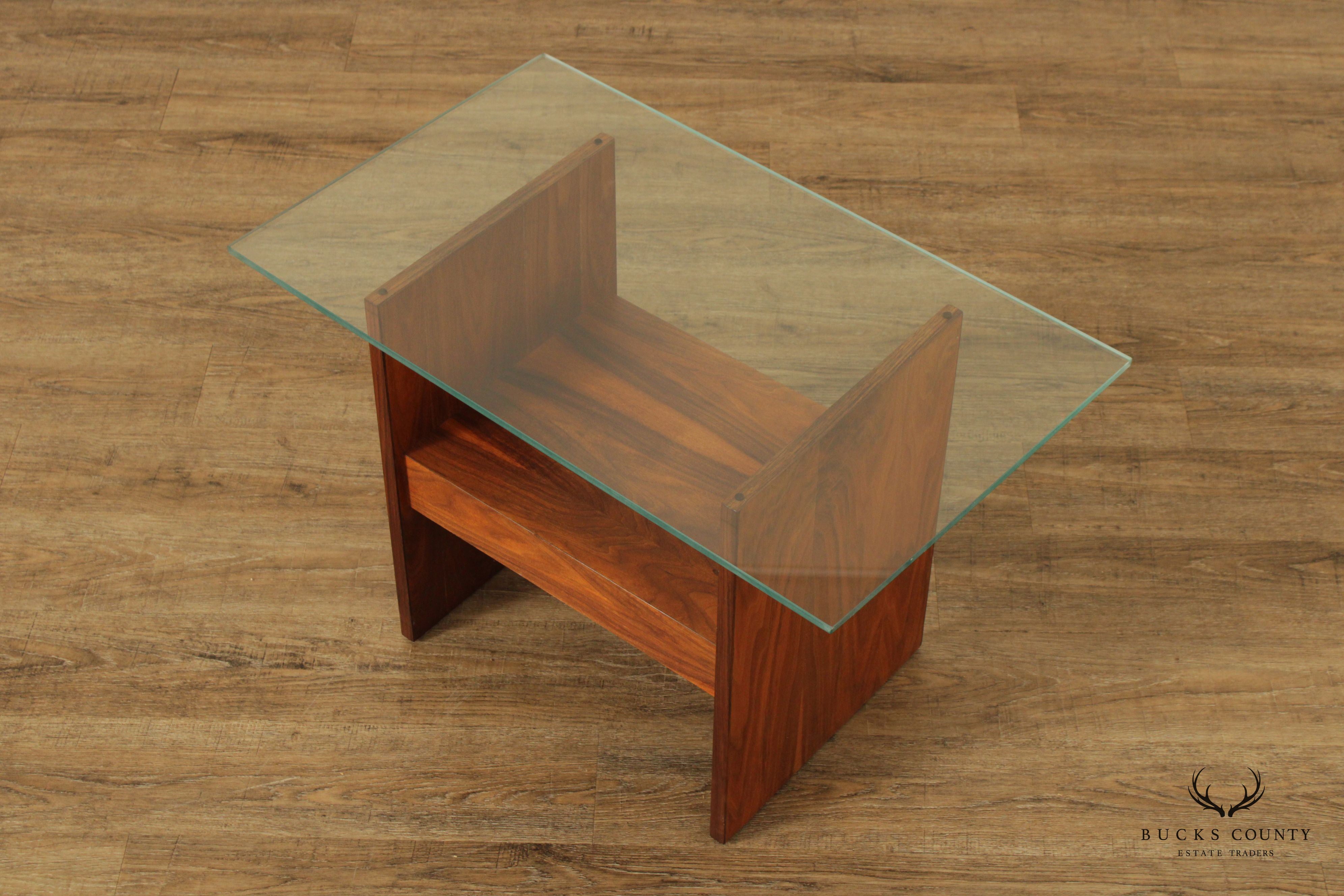 Mid Century Modern Walnut Glass Top Side Table