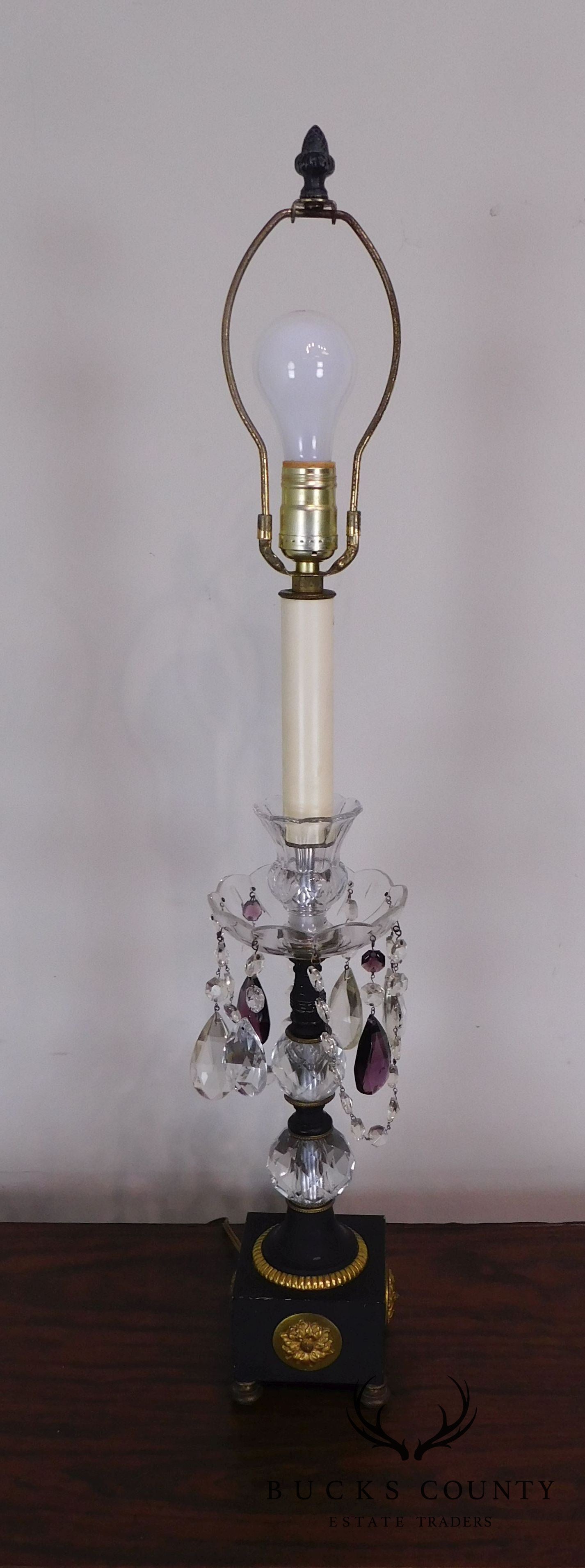 Pair French Empire Table Lamps with Fabric Shades, Turned Stems with Faceted Crystal Balls