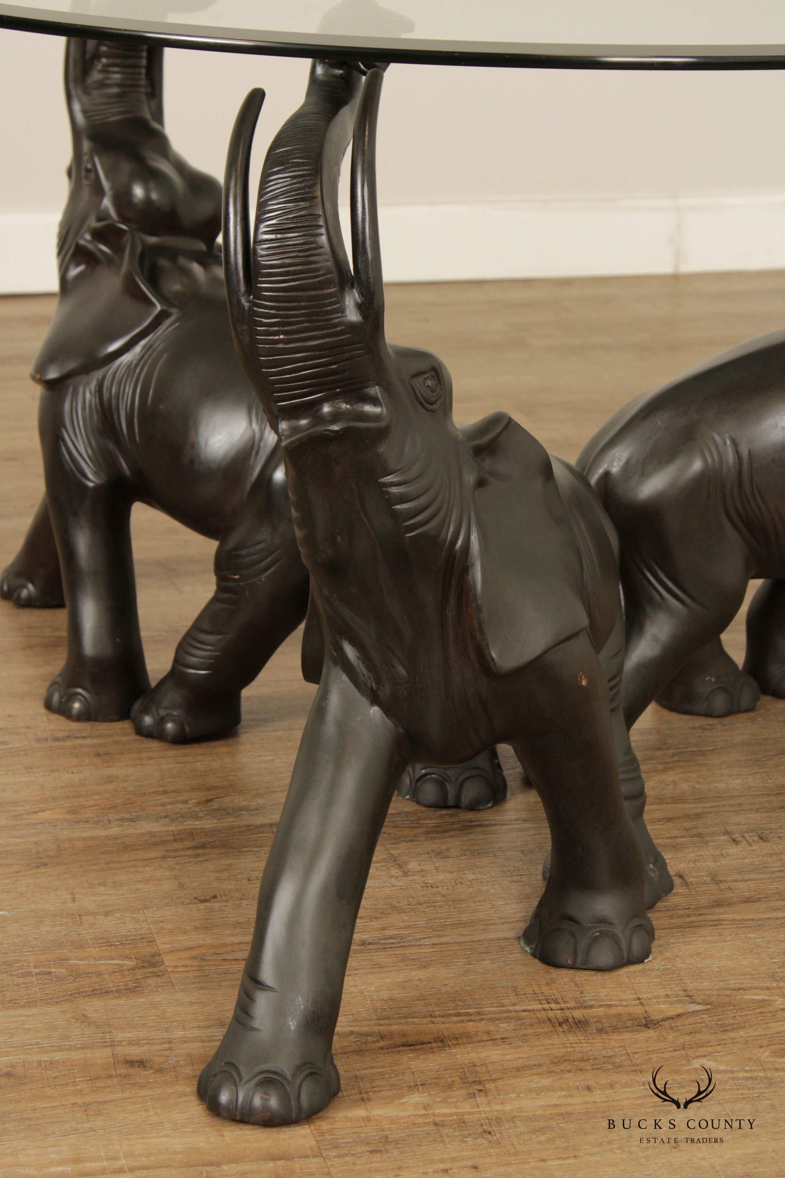 Contemporary Trio of Elephants Brass & Glass Center Table